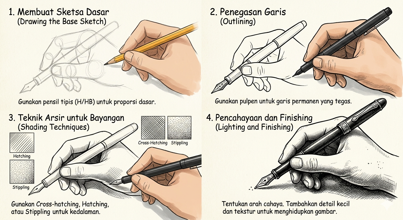 Ilustrasi langkah demi langkah teknik menggambar dengan pulpen