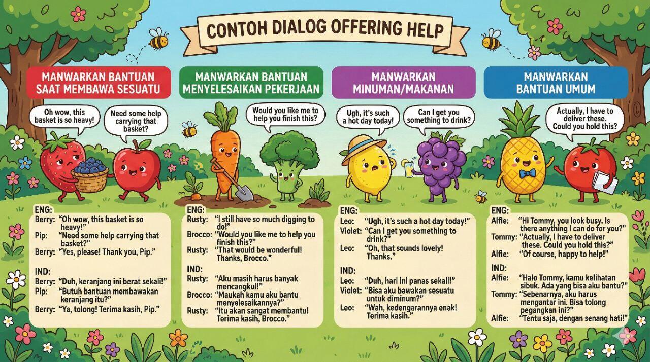 ilustrasi atau infografis yang menggambarkan contoh dialog offering help
