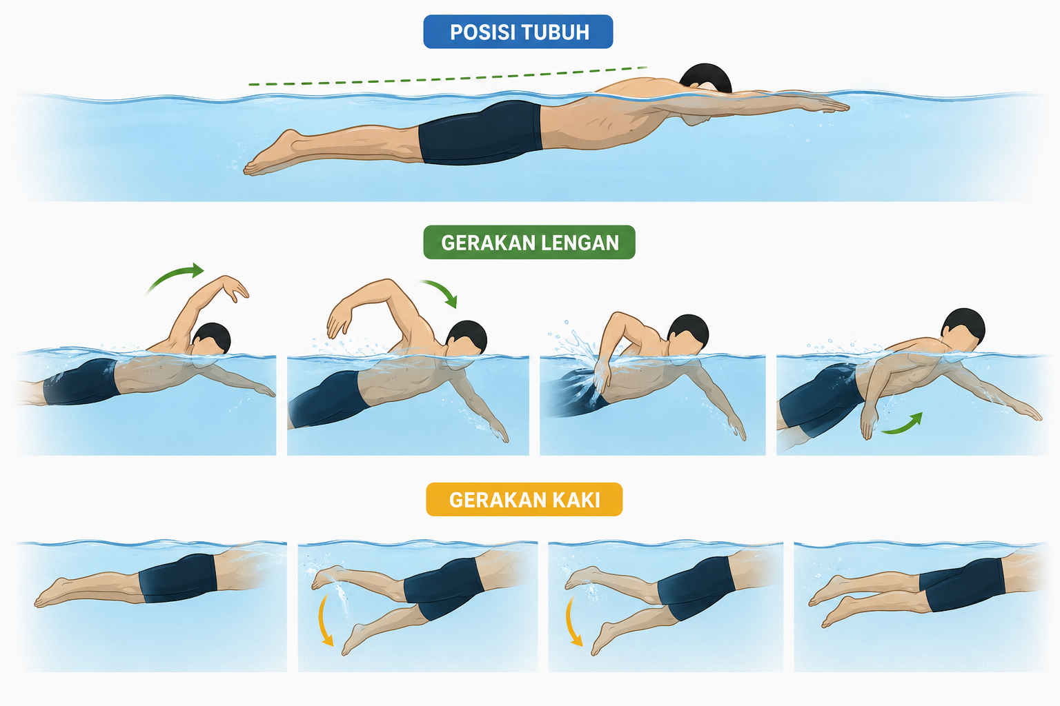 Teknik Dasar Renang Gaya Bebas. Posisi tubuh, gerakan lengan dan gerakan kaki yang benar; Freepik