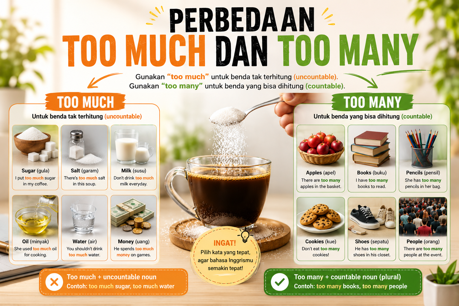 Beberapa barang yang masuk ke dalam countable noun dan uncountable noun