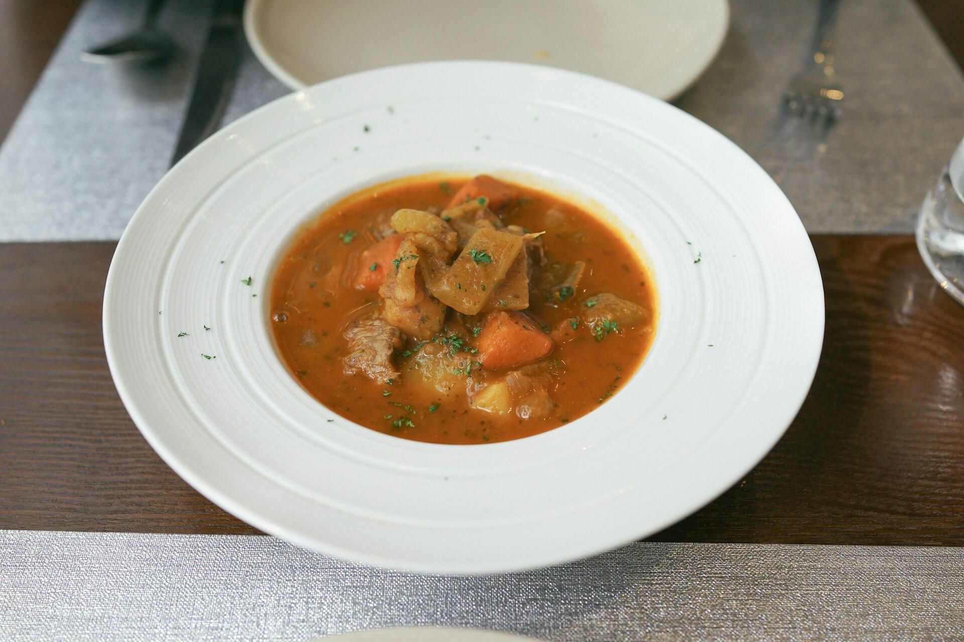 Bowl of slow-cooked stew with meat, vegetables and broth