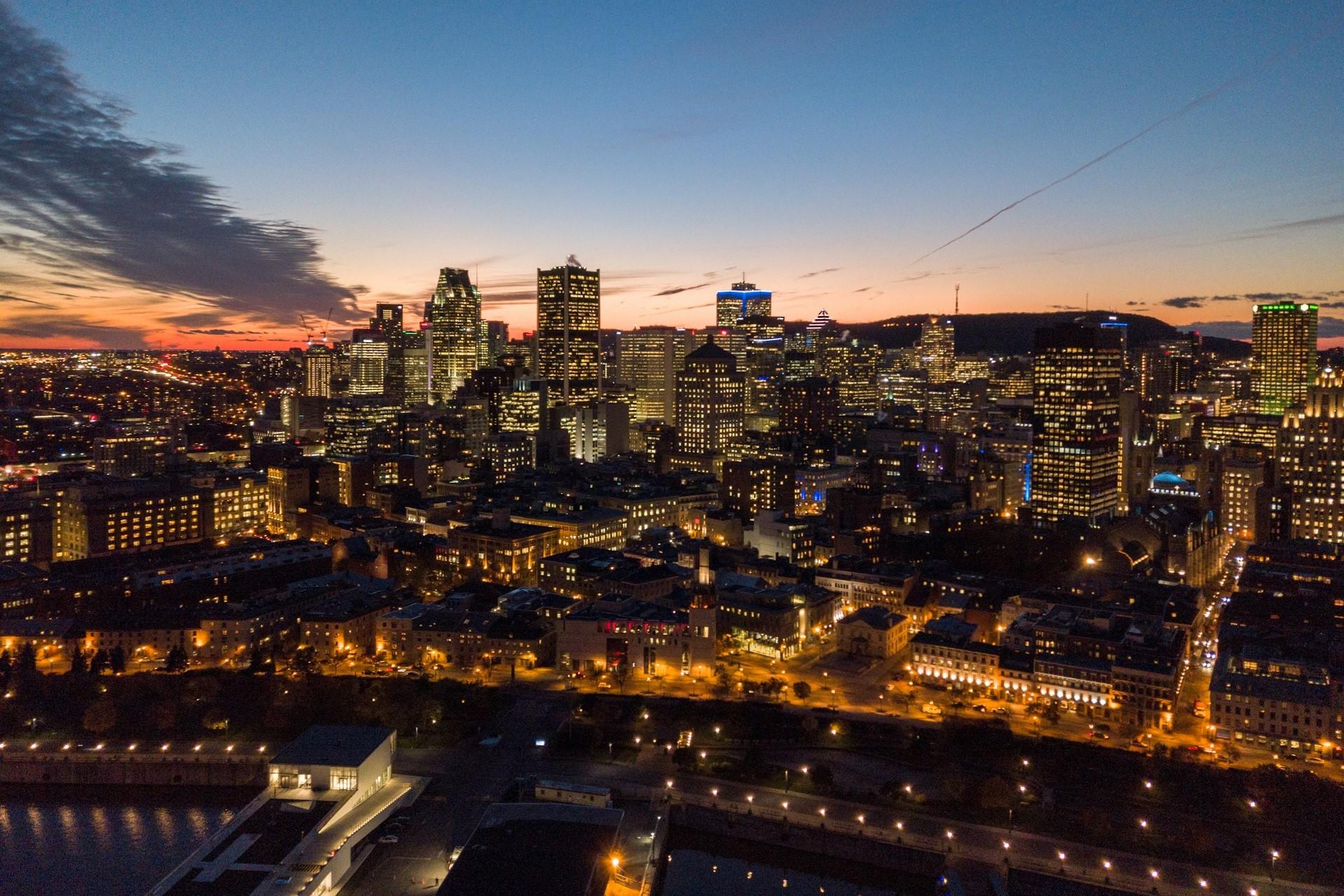 A view of Montreal, Canada, at dusk.