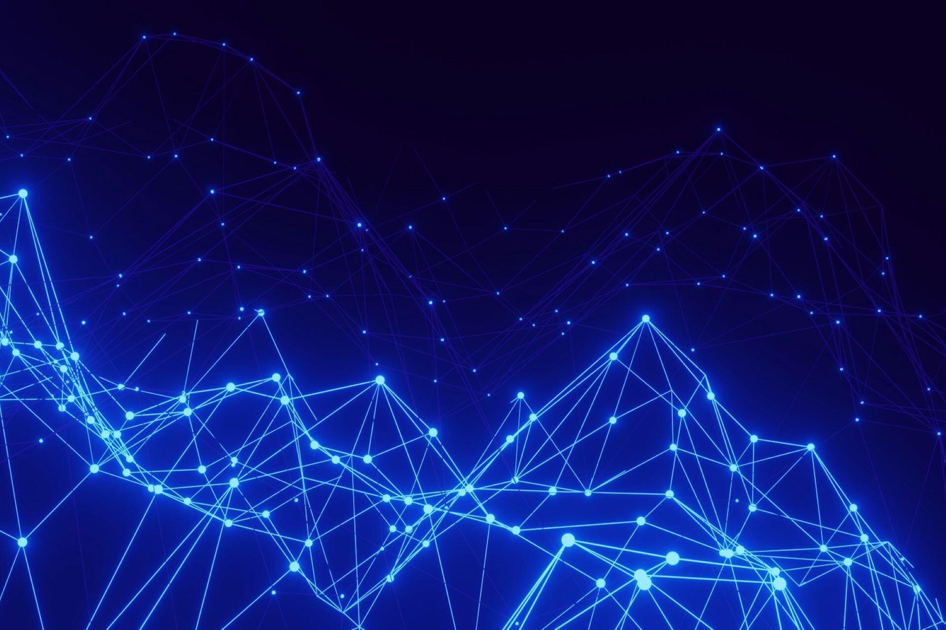 Blue digital network with connected points and lines forming a data pattern