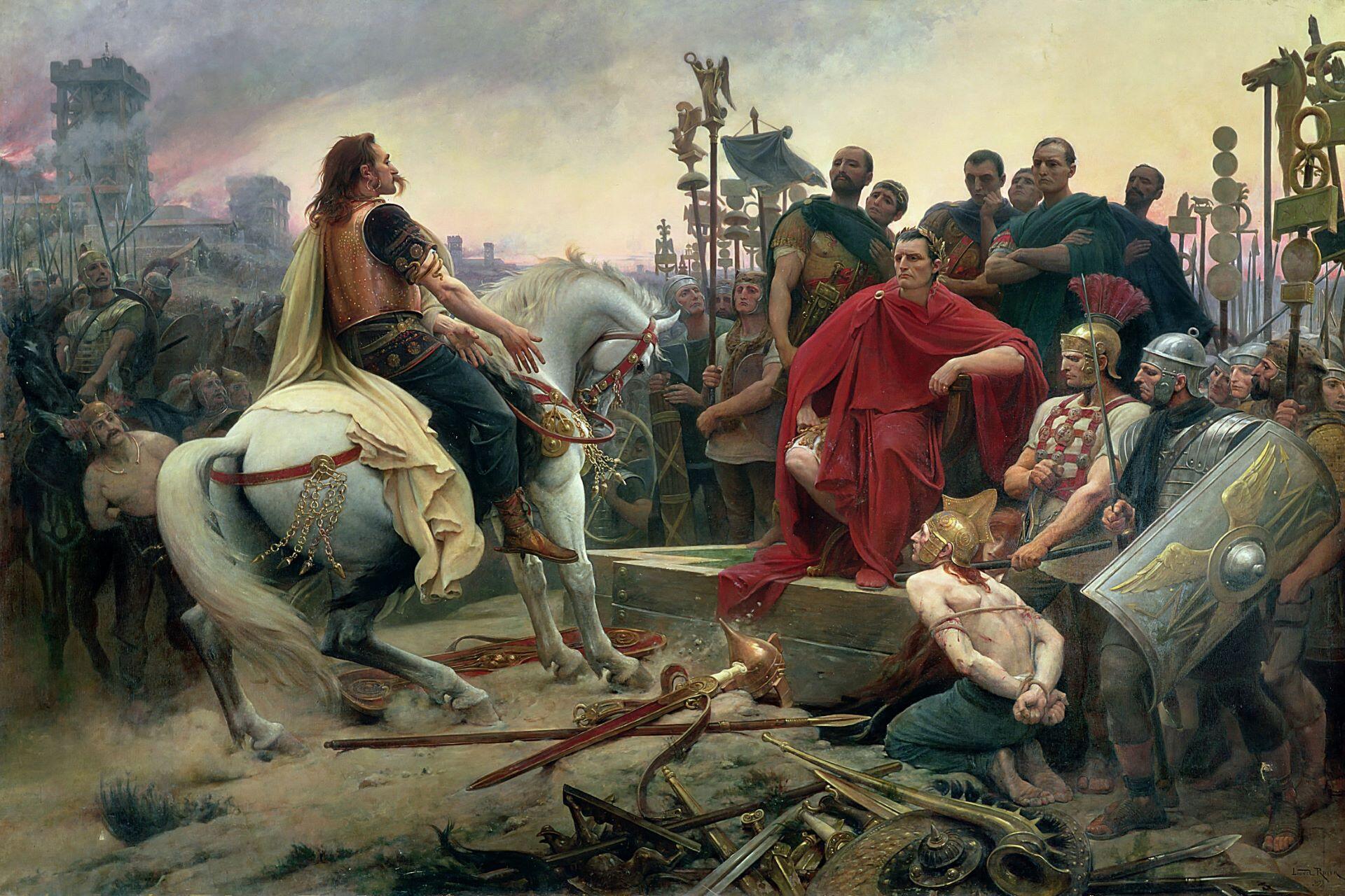Vercingetorix throws down his arms at the feet of Julius Caesar (1899) by Lionel Royer.