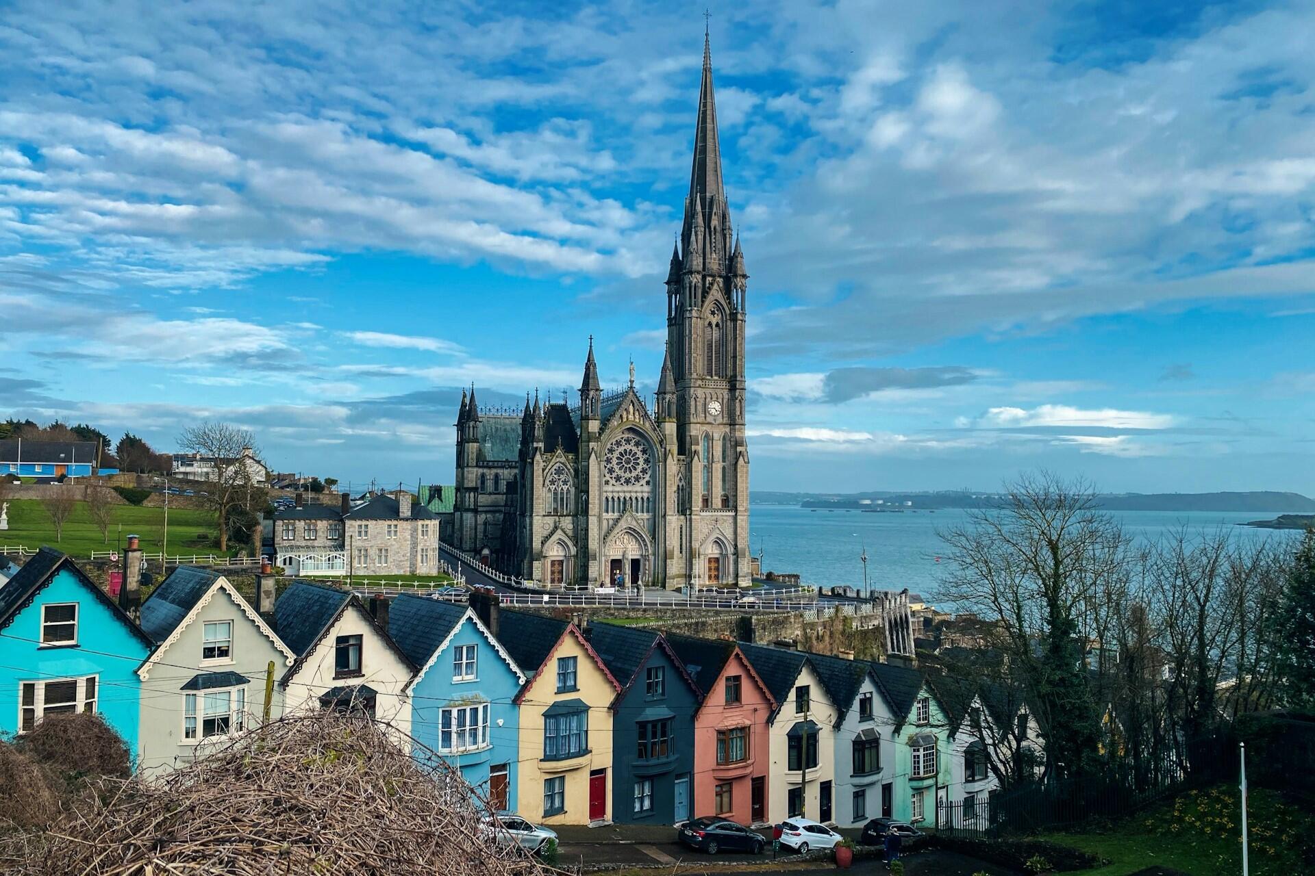A church and houses in Cork, Ireland.