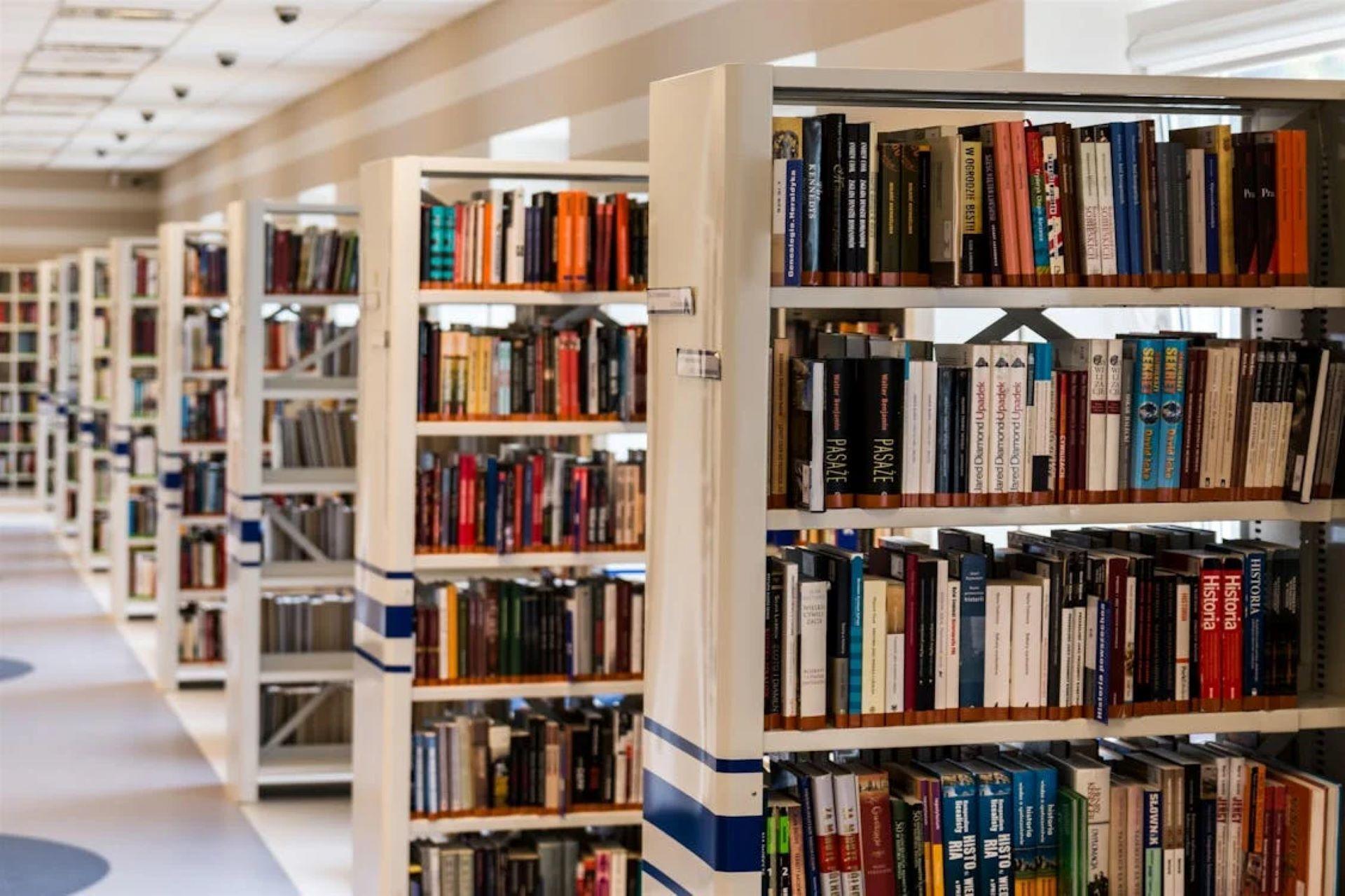 A library overflowing with books stacked neatly on shelves.