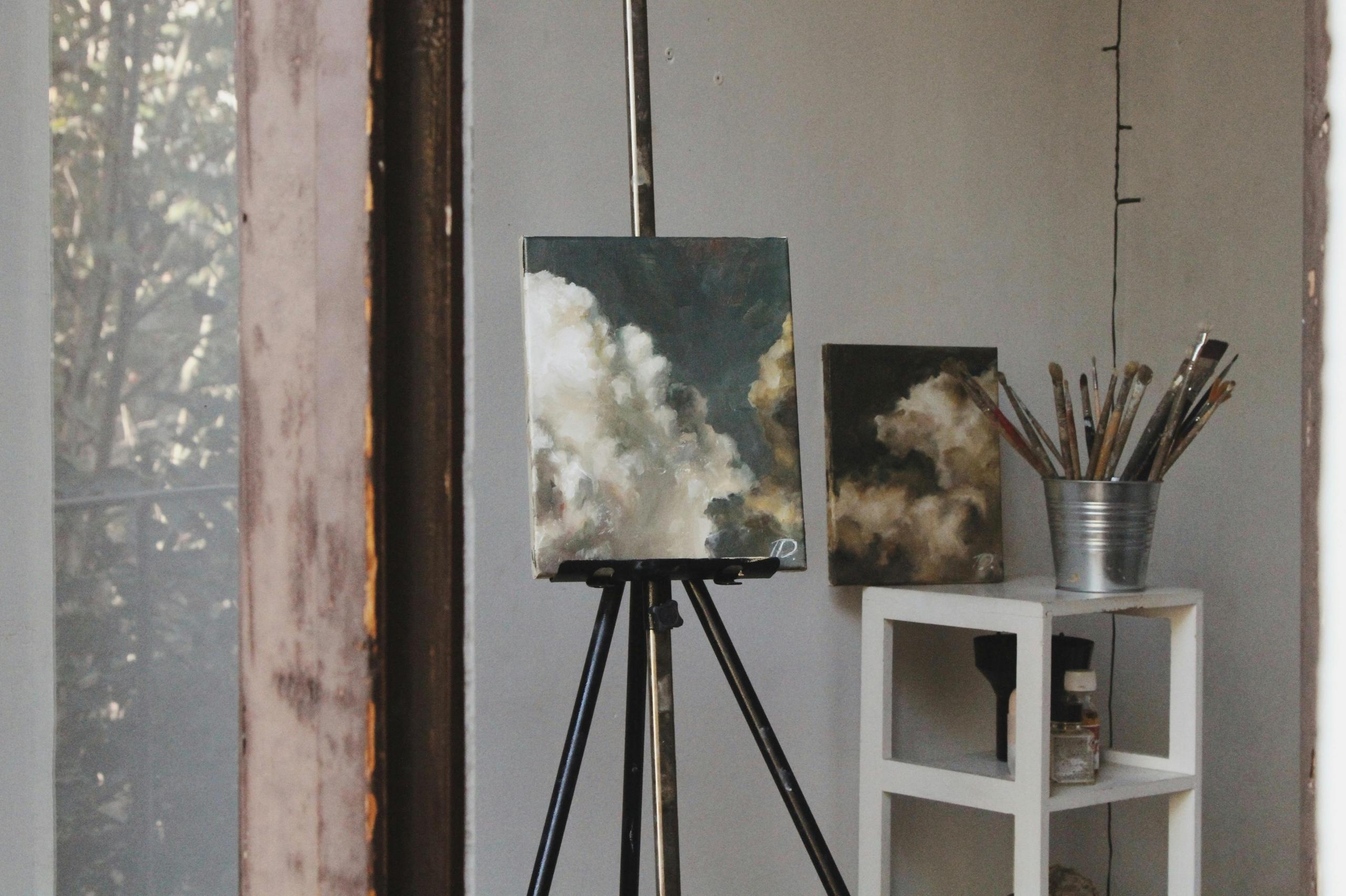 A painting is left to dry in the home workspace of an oil painter.