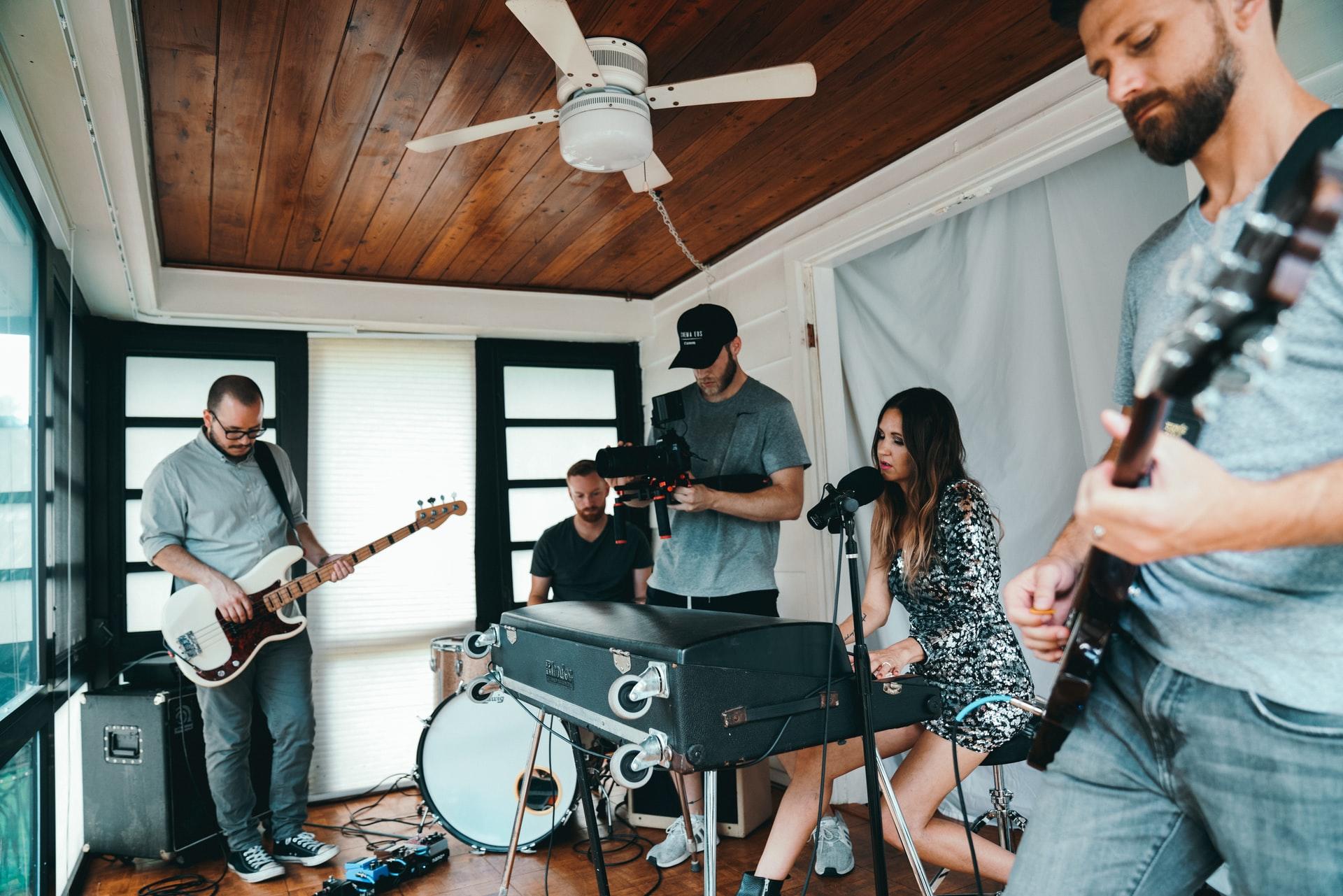 Group of musicians practicing their instruments