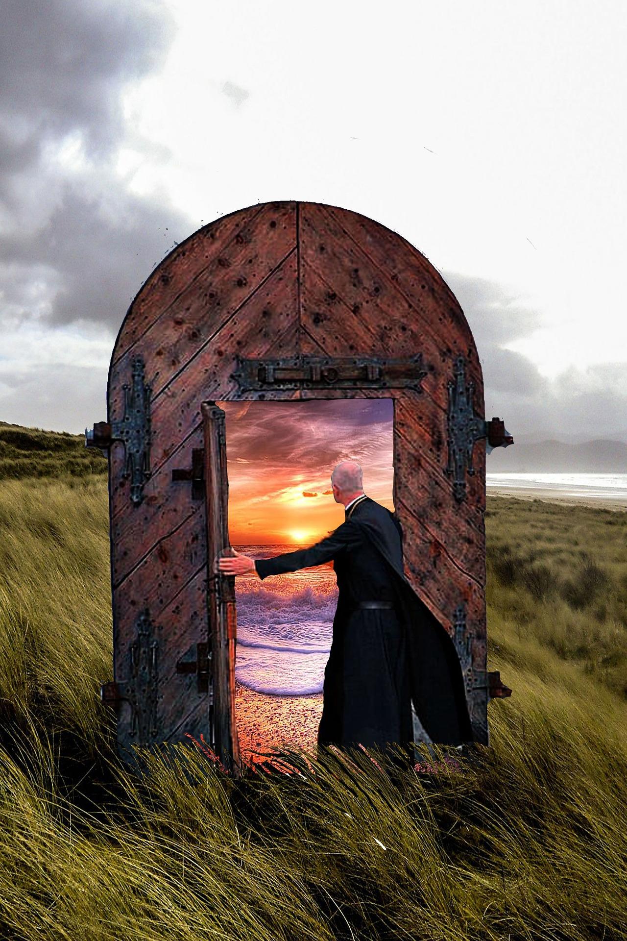 Doorway in a grassy field