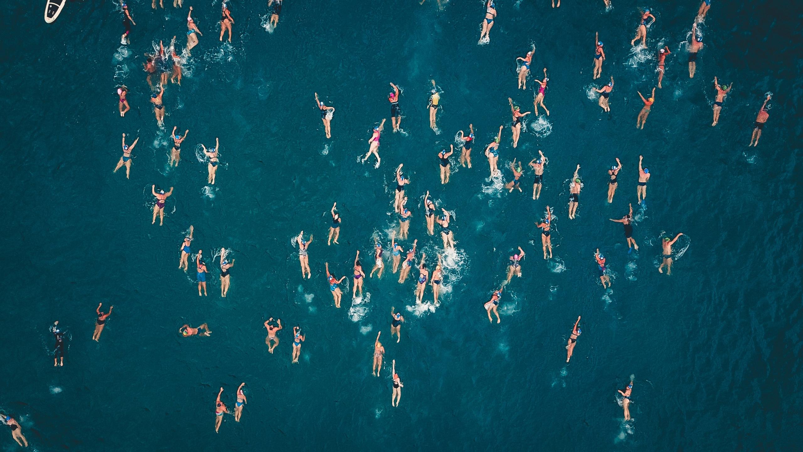 Adventurous swimmers exploring the vastness of the sea, as they venture further from the shore, immersing themselves in the thrill of ocean swimming