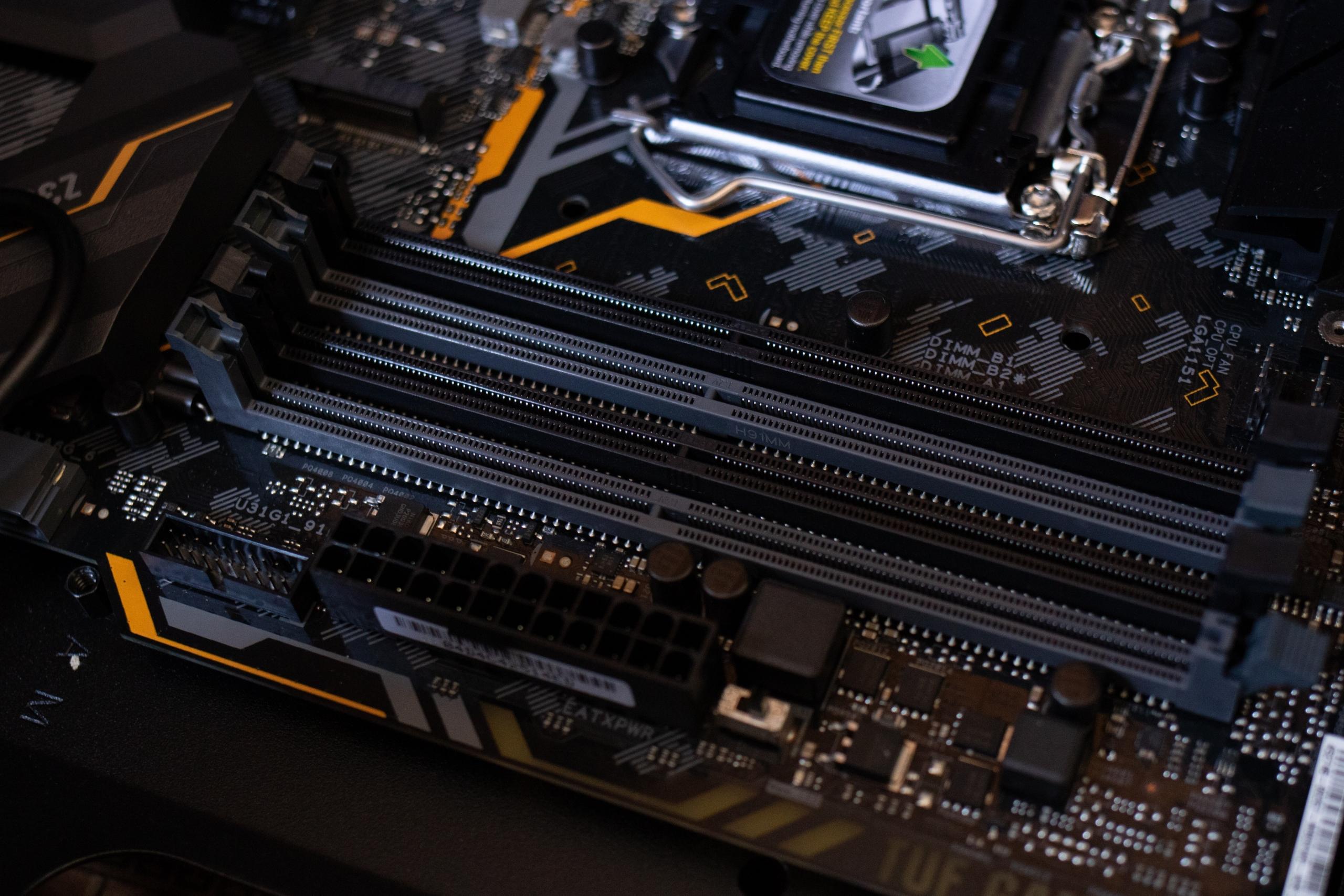 A computer motherboard with intricate circuitry.