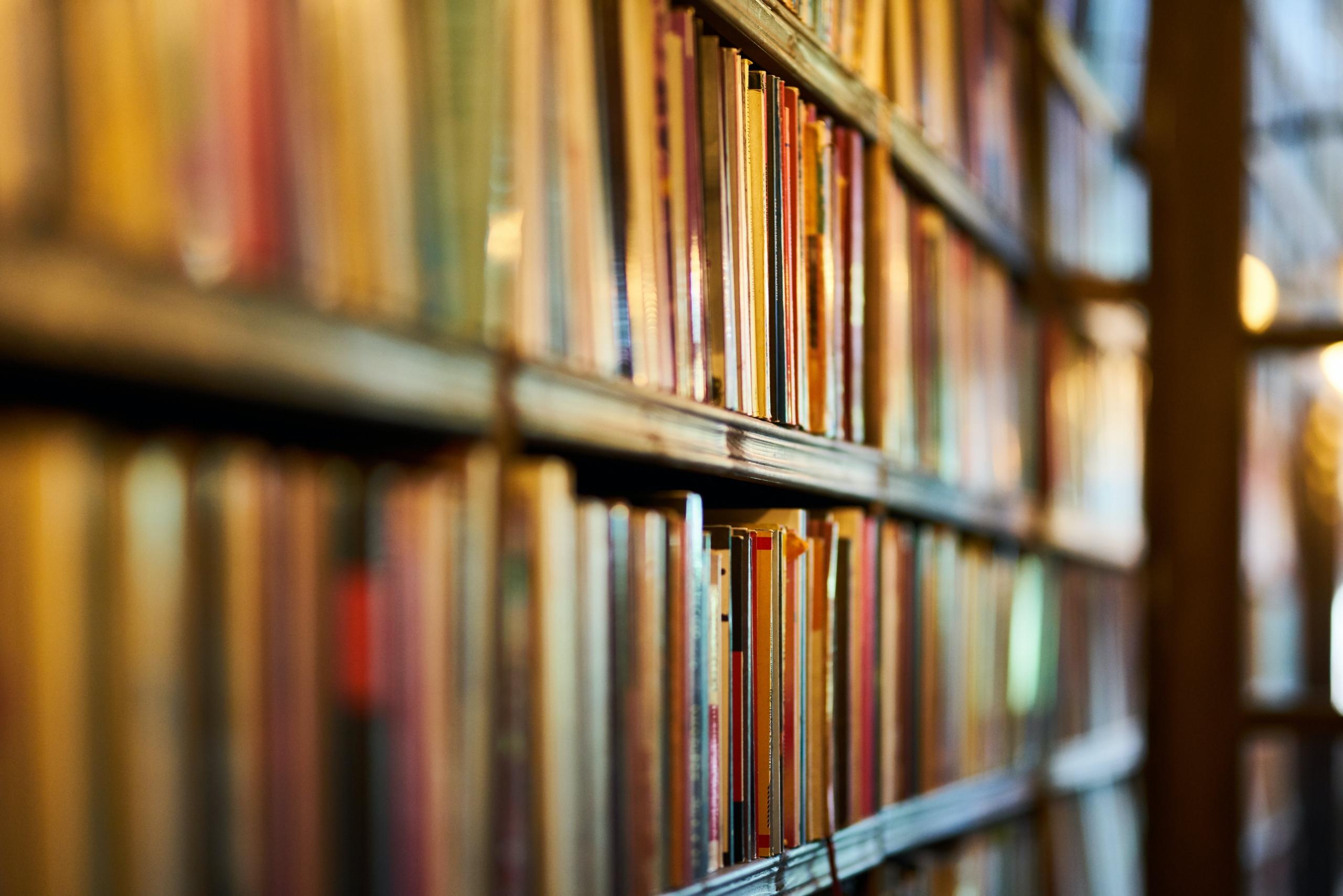 History books stacked along a shelf