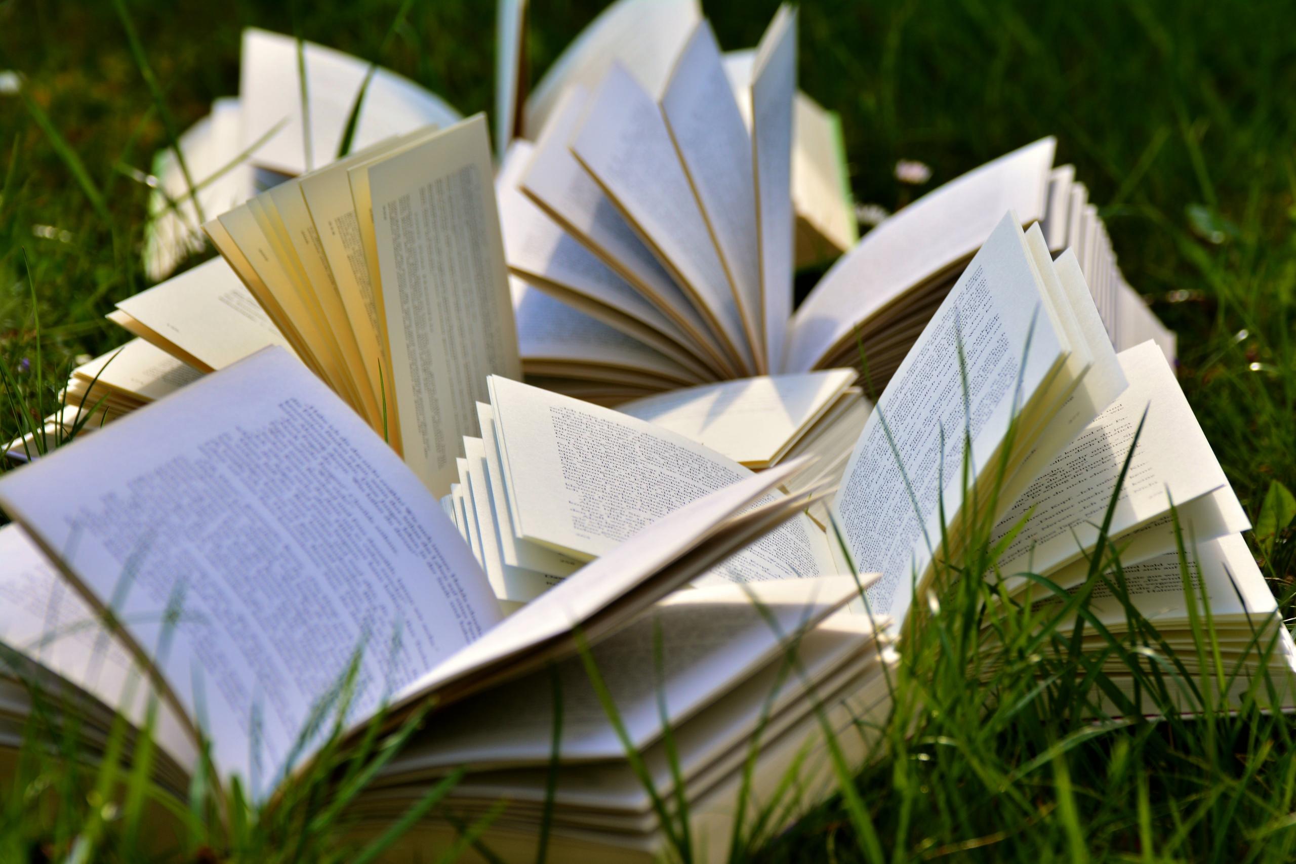Books lying open on glass.