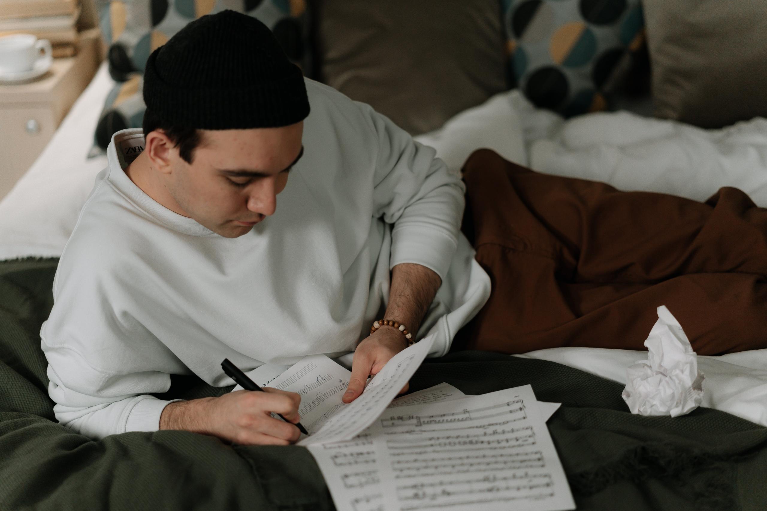 A music student working hard from home.