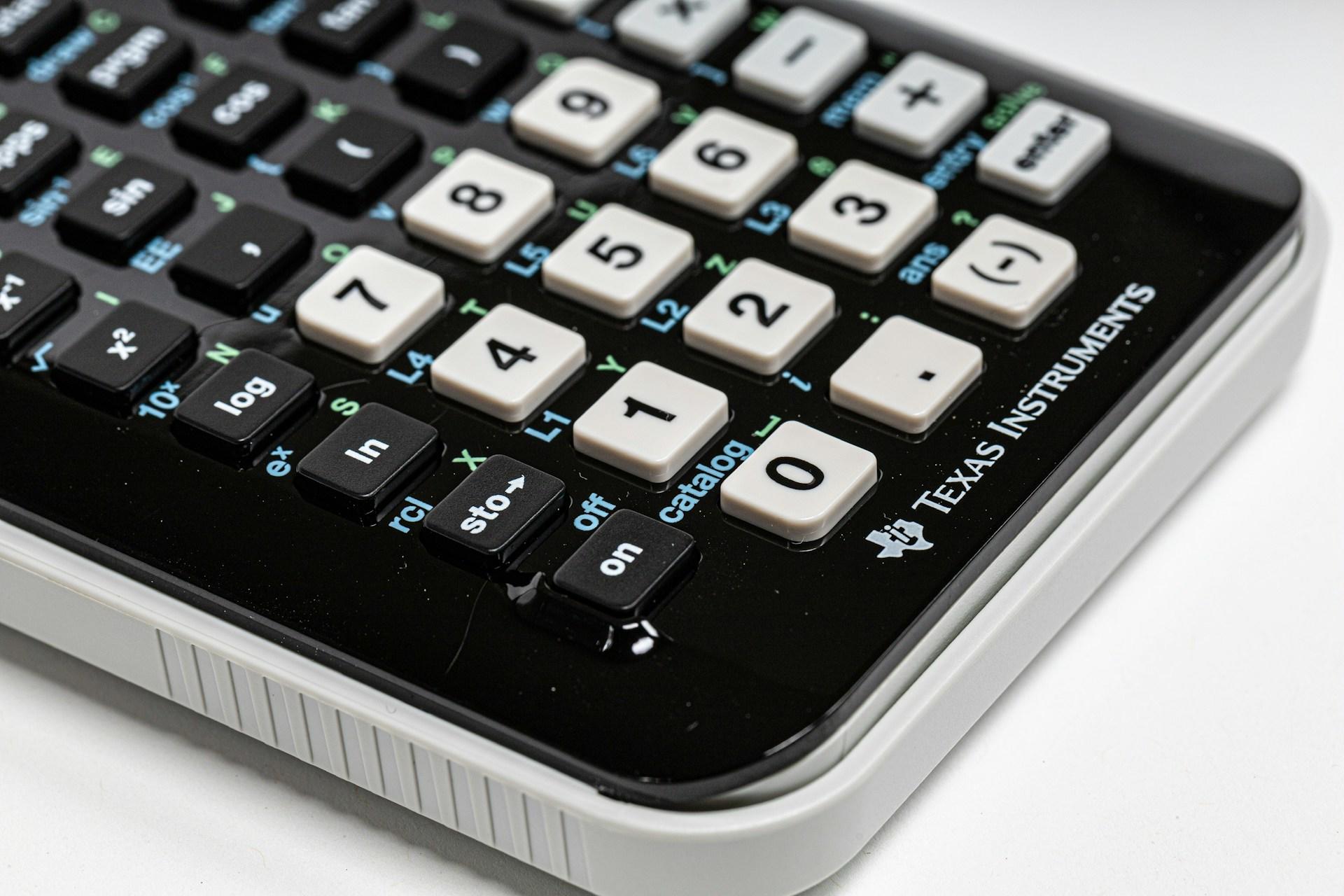 A closeup of a Texas Instruments scientific calculator.