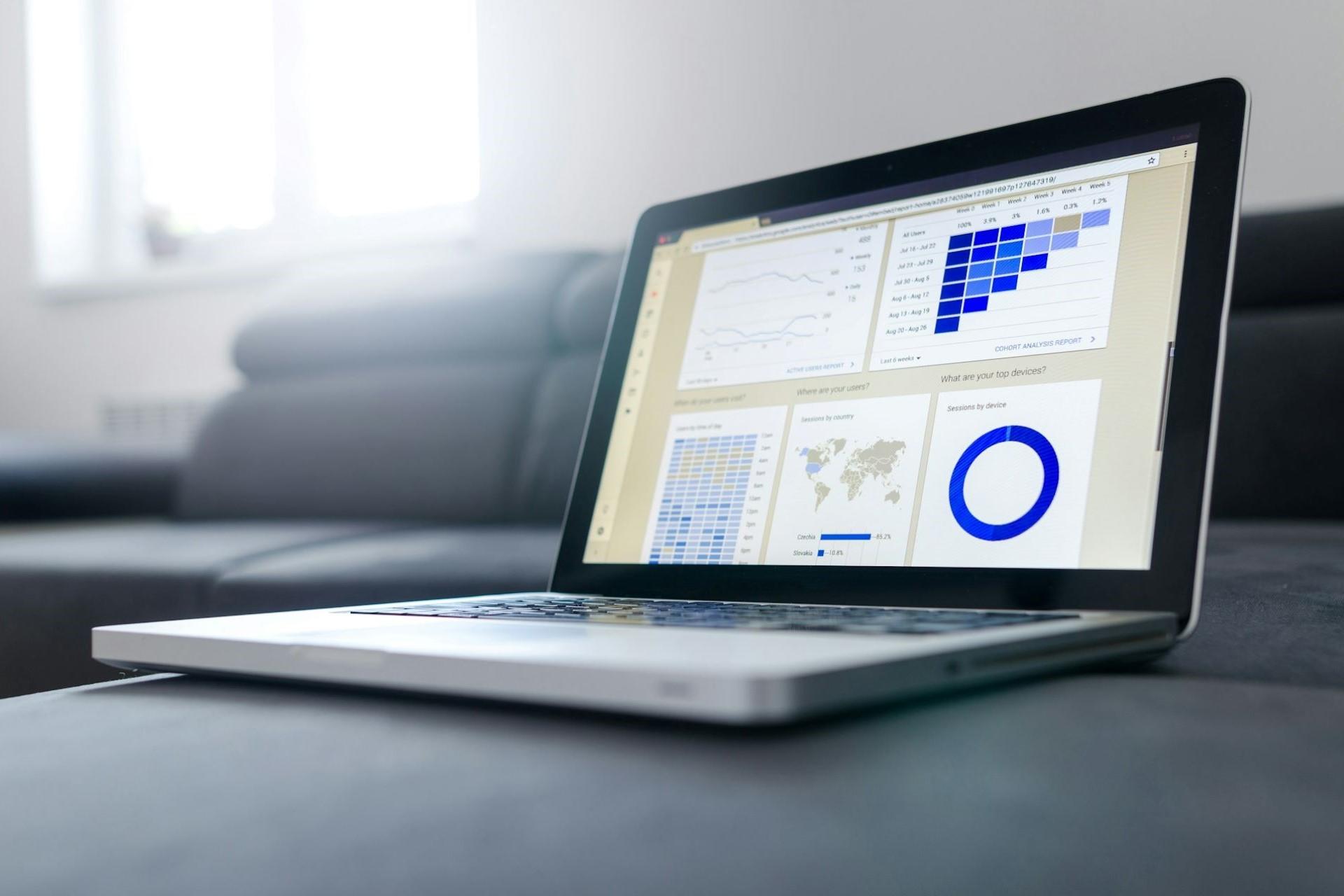 Website analytics on a laptop screen.