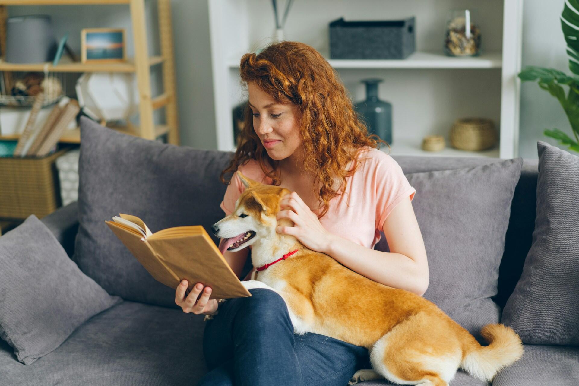 A person reading a book while sitting on a couch, with a dog contentedly lying beside them. A cozy and relaxed indoor setting.