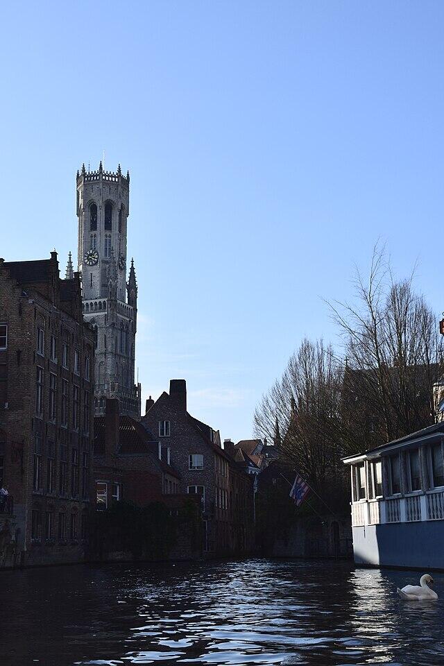 Rozenhoedkaai (canal) and Belfry of Bruges, Bruges, Belgium