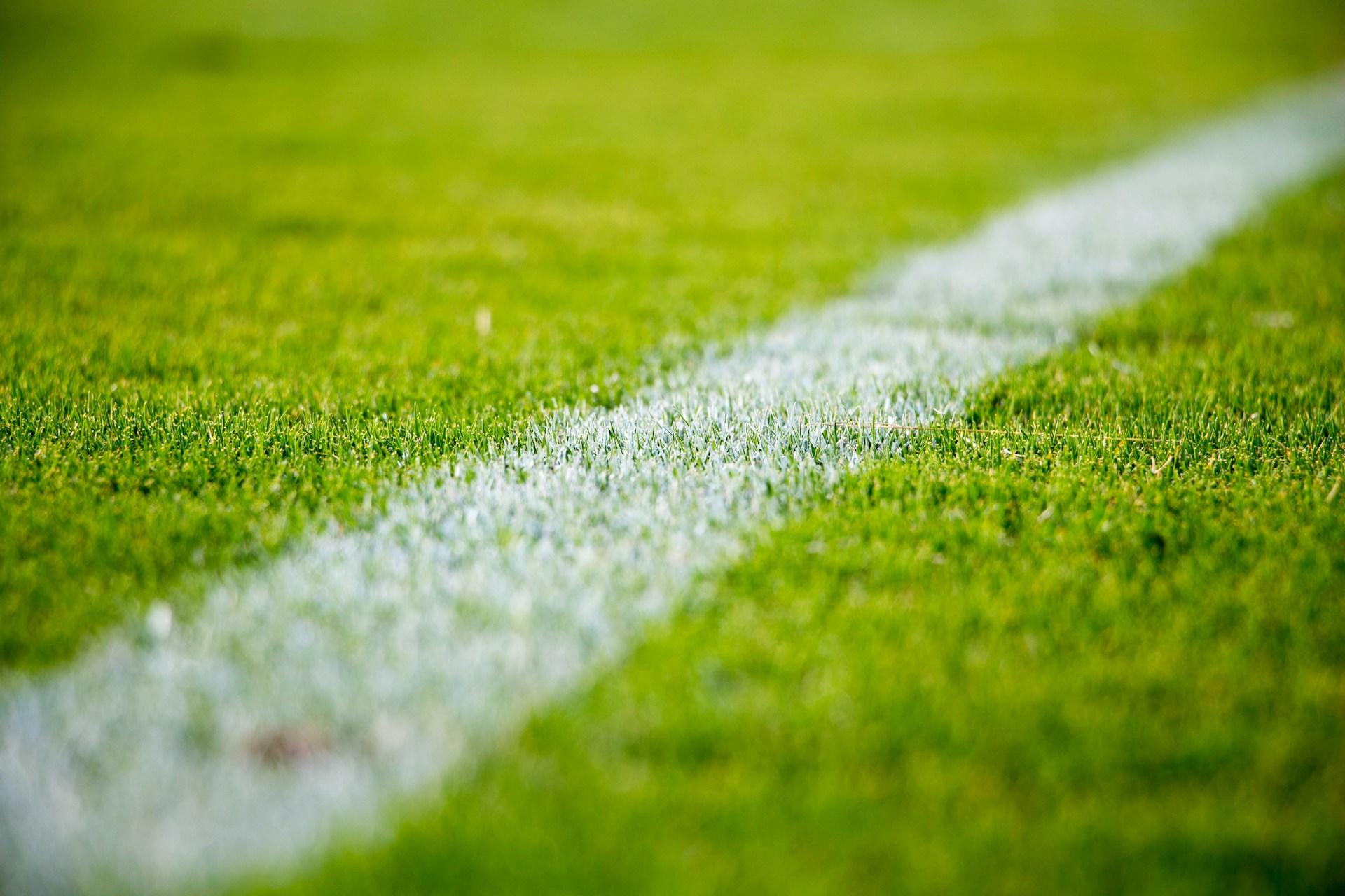 A view of a painted line on a football pitch.
