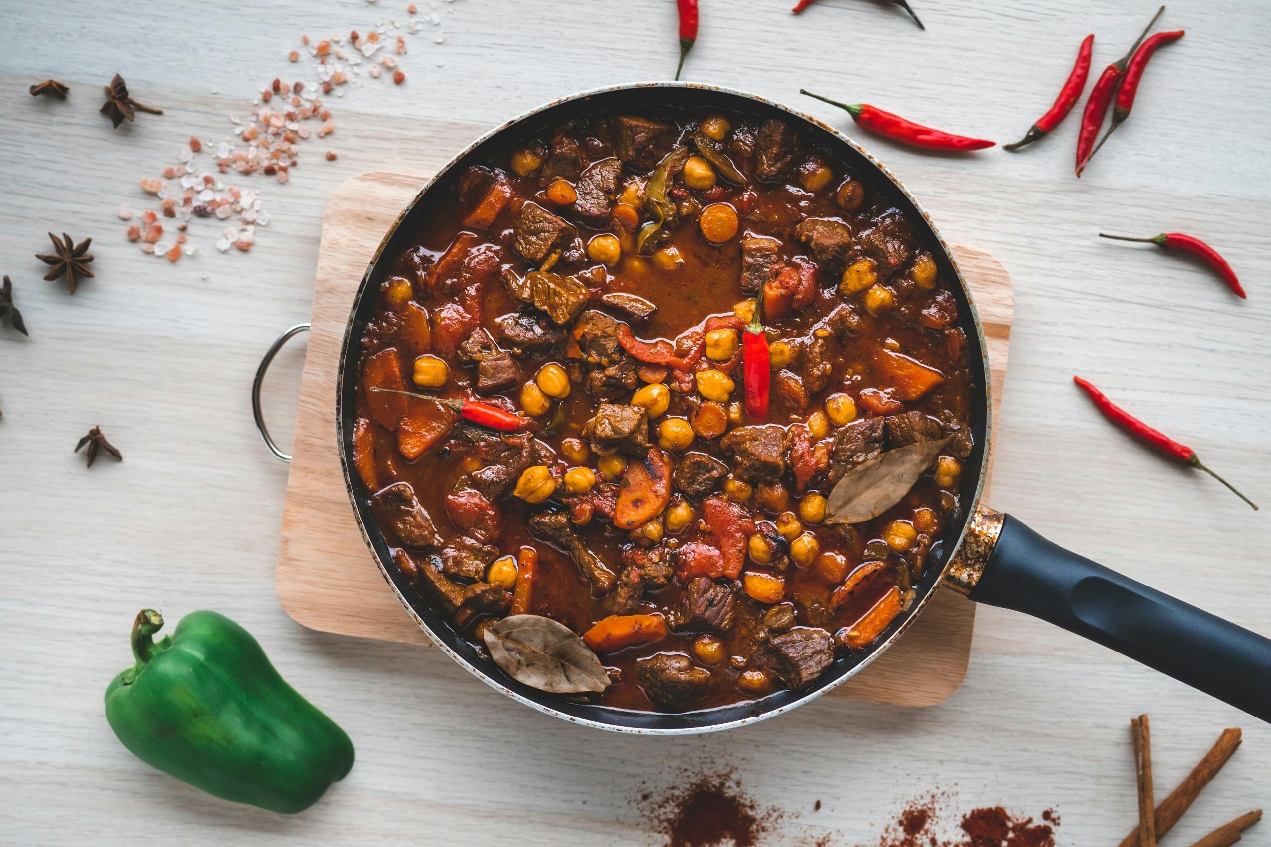 A beef chilli is high in both protein and calories.
