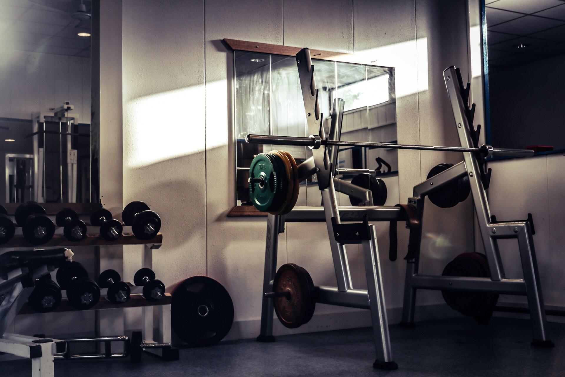 A free weights area in a gym.