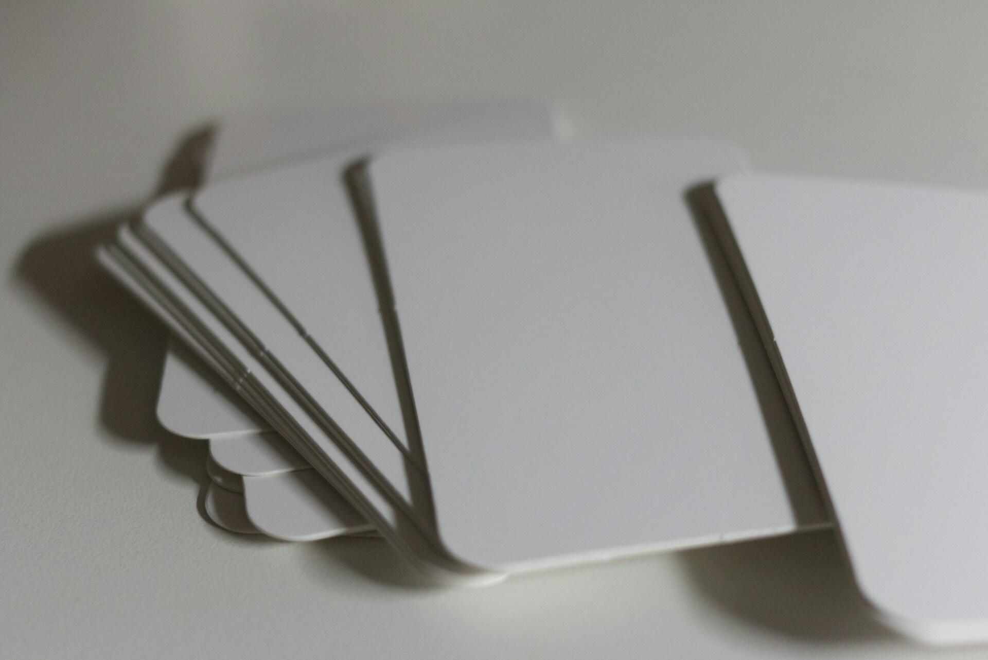 Some flashcards on a table.