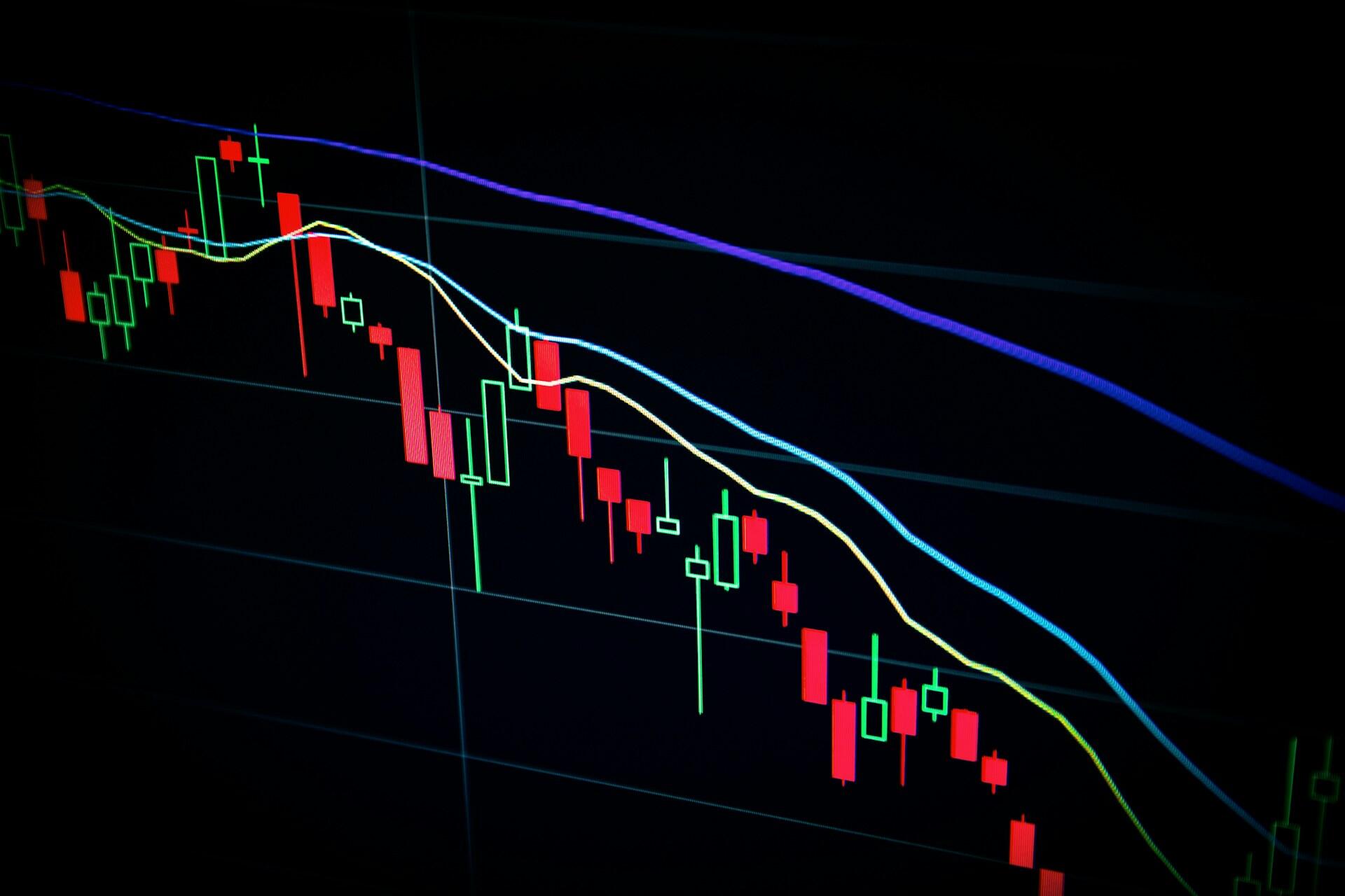 Red and green candlestick chart on a dark background