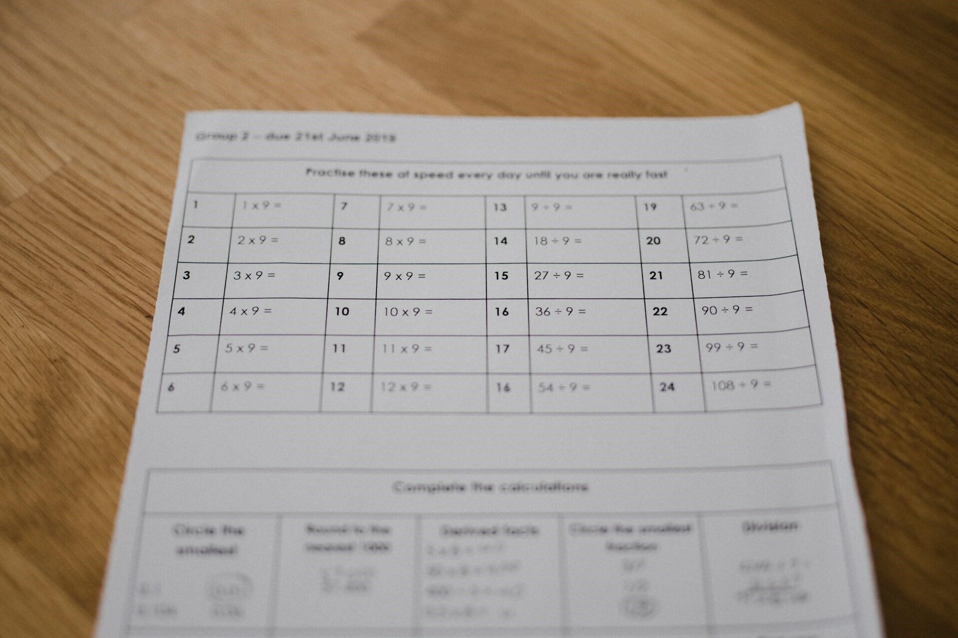 printed maths worksheet with multiplication and division questions on a desk