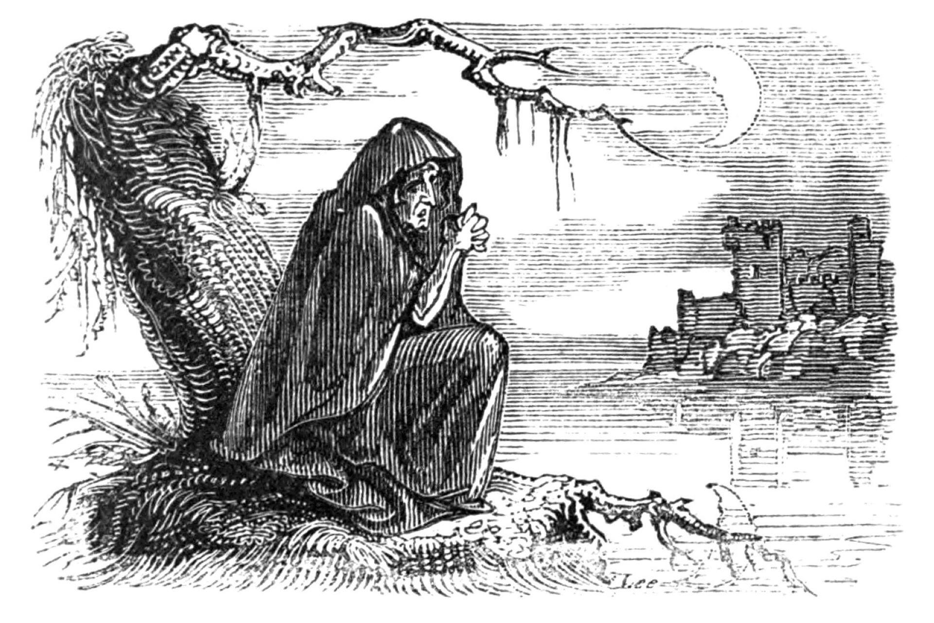 Black and white illustration of a cloaked figure sitting near water with a castle in the distance