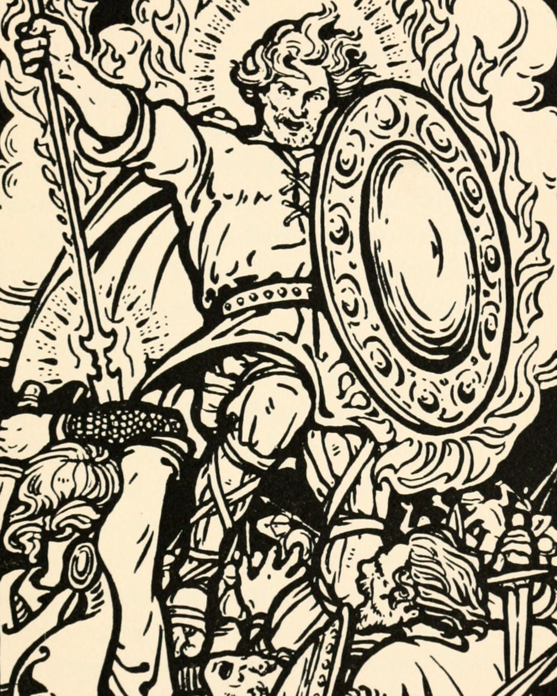 Black and white illustration of a warrior holding a spear and shield in a battle scene