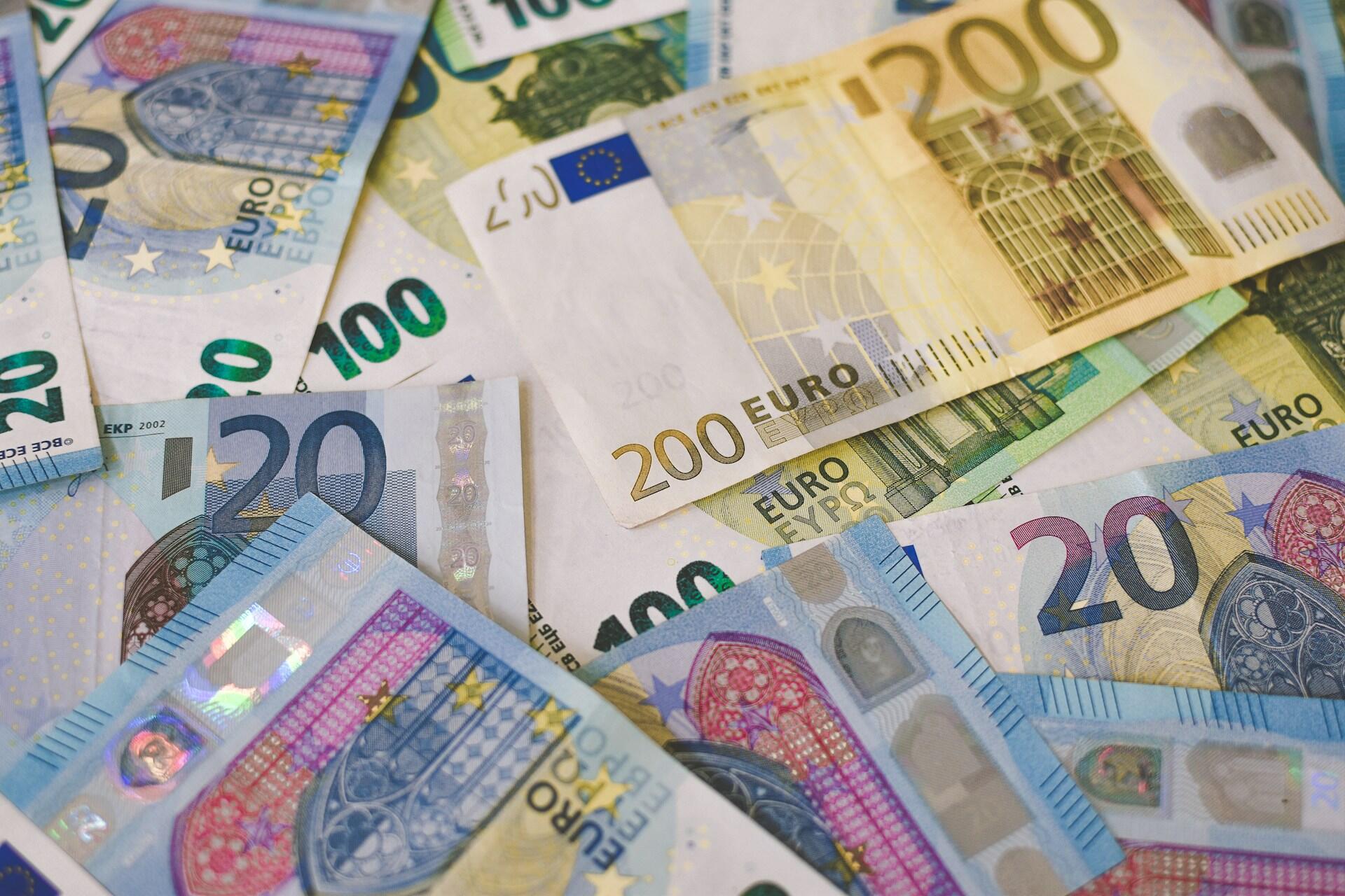 Assorted euro banknotes including 20, 50, 100 and 200 euro notes