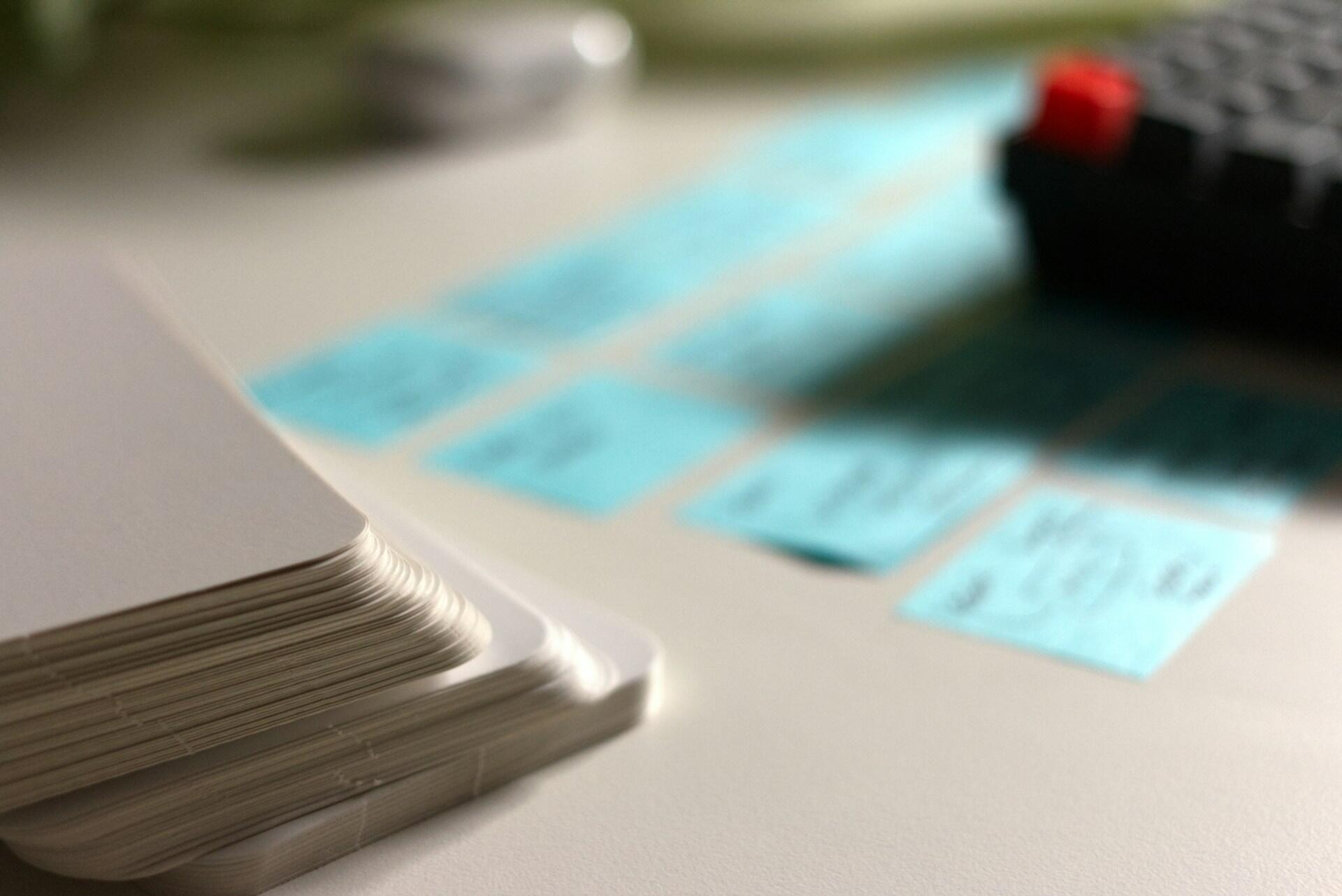 Flashcards on a desk.