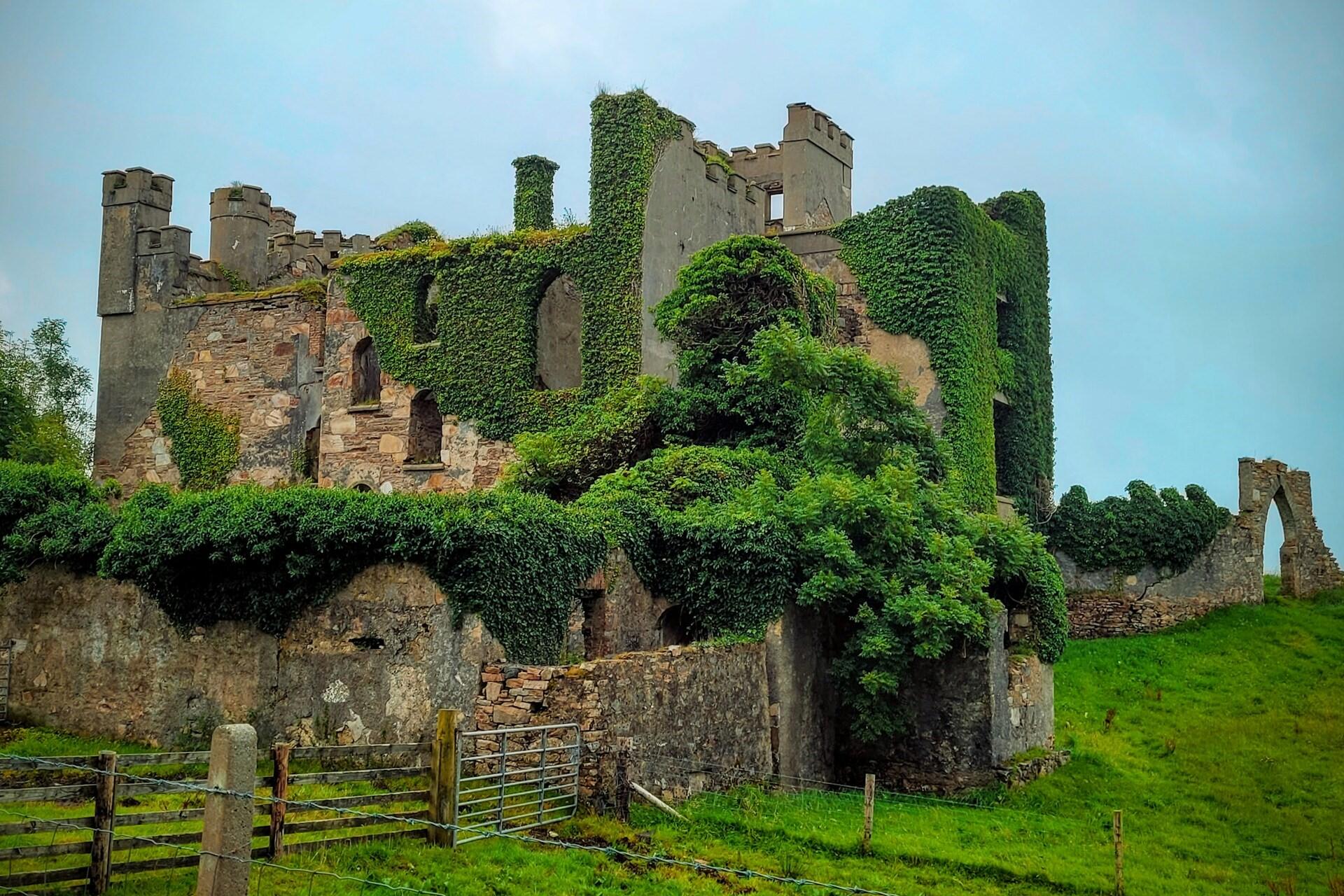 green Irish countryside with hills and mist
