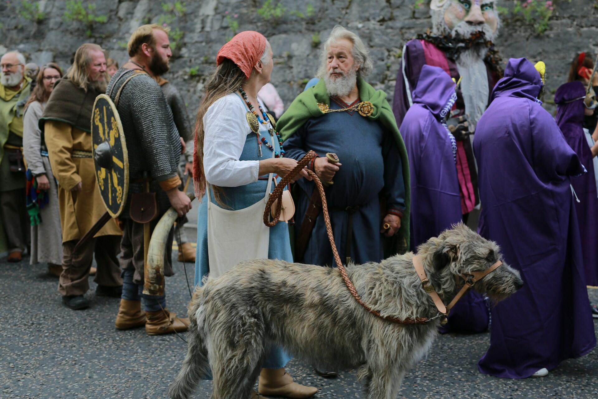 Group of people in historical Irish and medieval-style costumes at a cultural reenactment