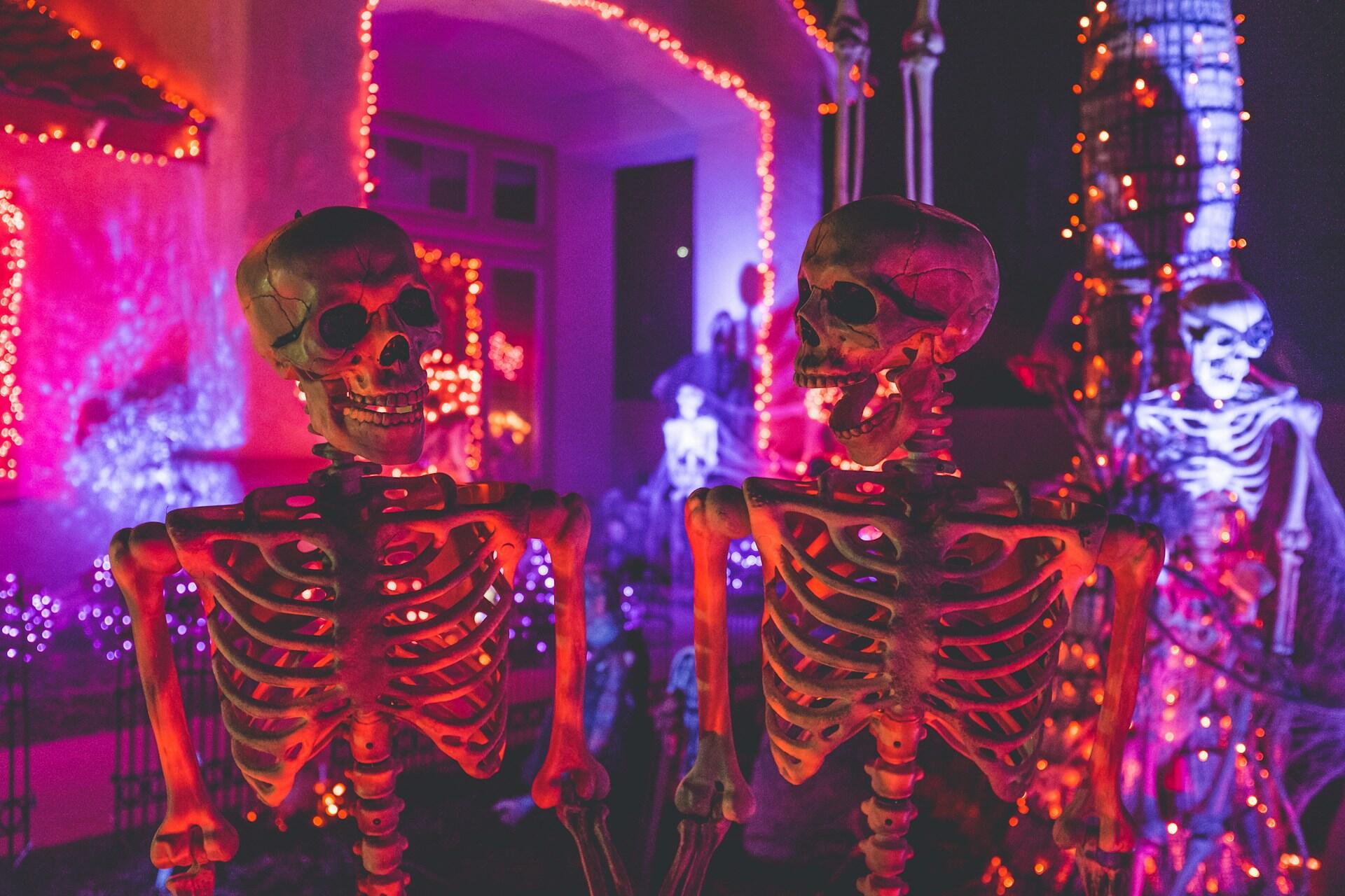 Skeleton Halloween decorations illuminated with purple and orange lights