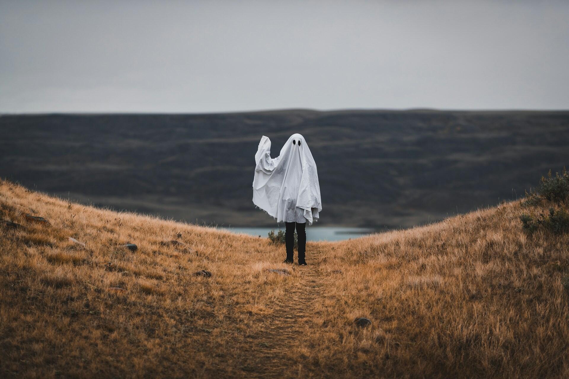 Person dressed as a white sheet ghost standing in an autumn landscape