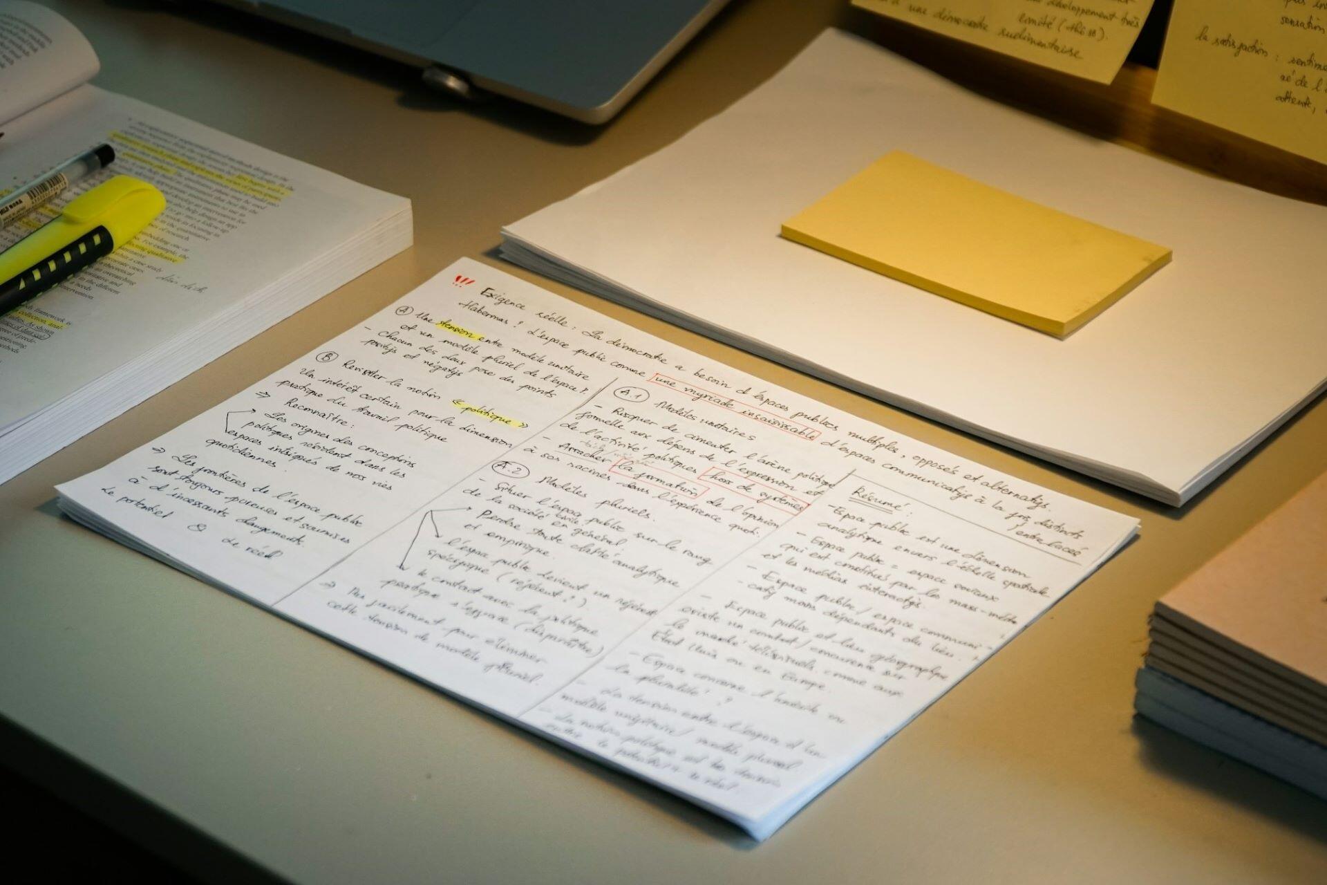 Handwritten study notes, highlighted pages and sticky notes on a desk