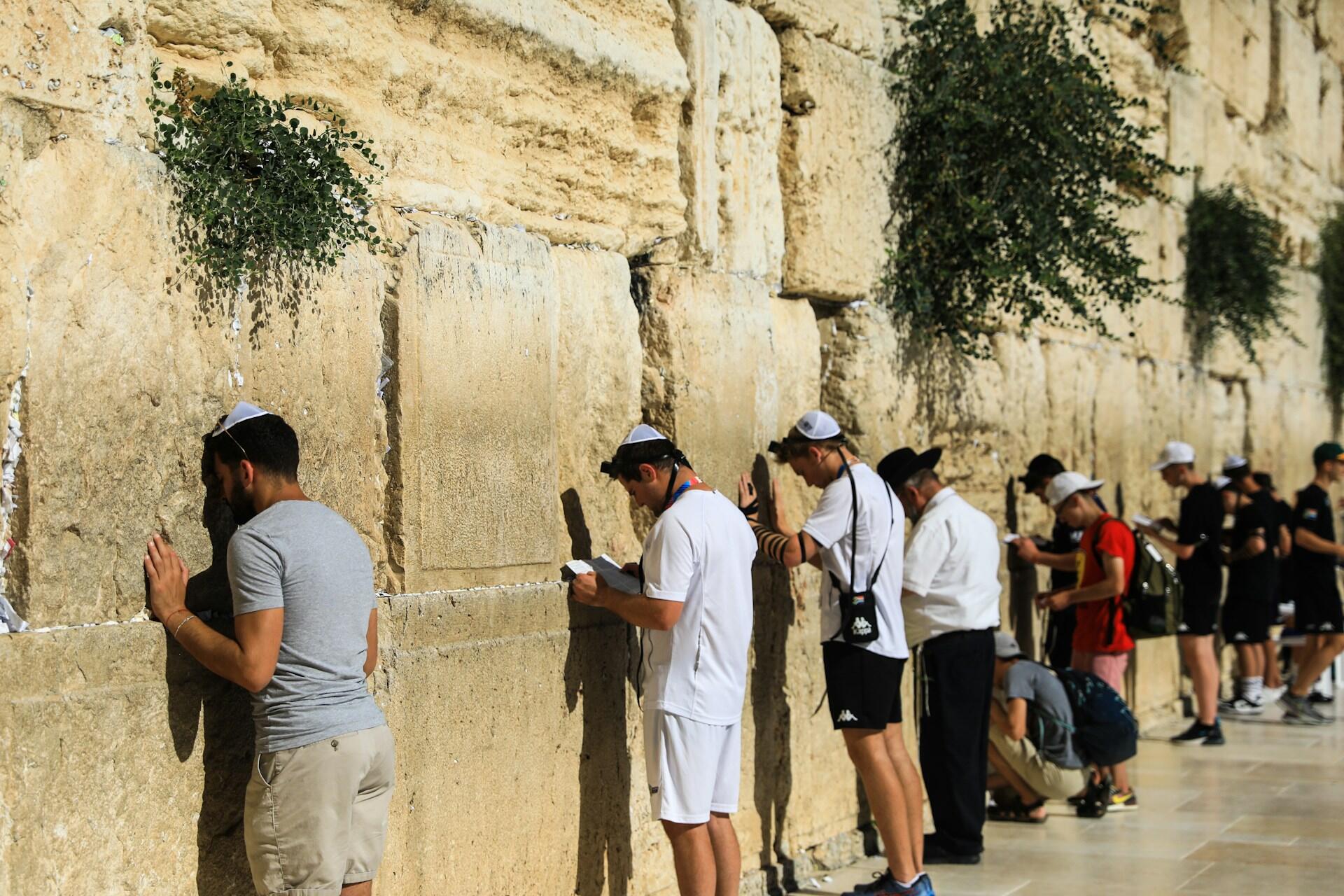 אנשים חובשי כיפות מתפללים וקוראים פתקים בכותל המערבי, אתר דתי היסטורי עם צמחייה הגדלה על גושי אבן גדולים