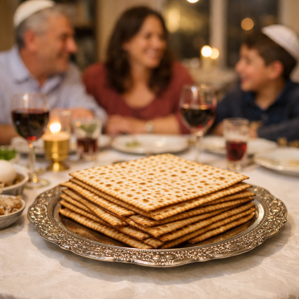 משפחה יושבת מול צלחת מצות