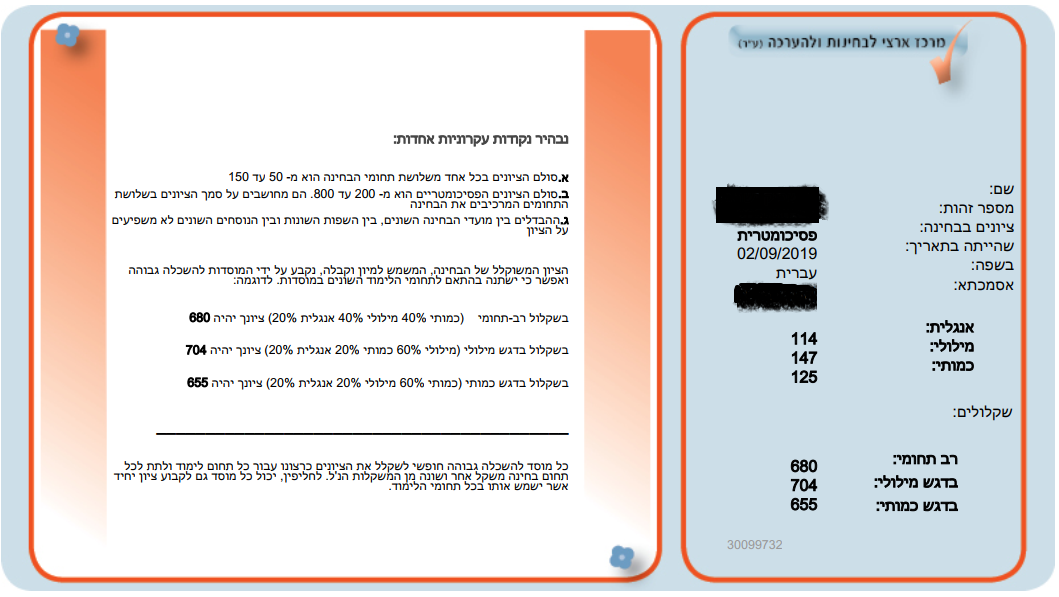 גיליון הציונים של הבחינה הפסיכומטרית