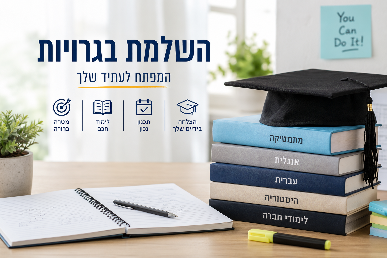 ערימת ספרים אקדמיים וכובע סיום לימודים על שולחן עם מחברת פתוחה, עט, צמח ופתק מוטיבציה שאומר