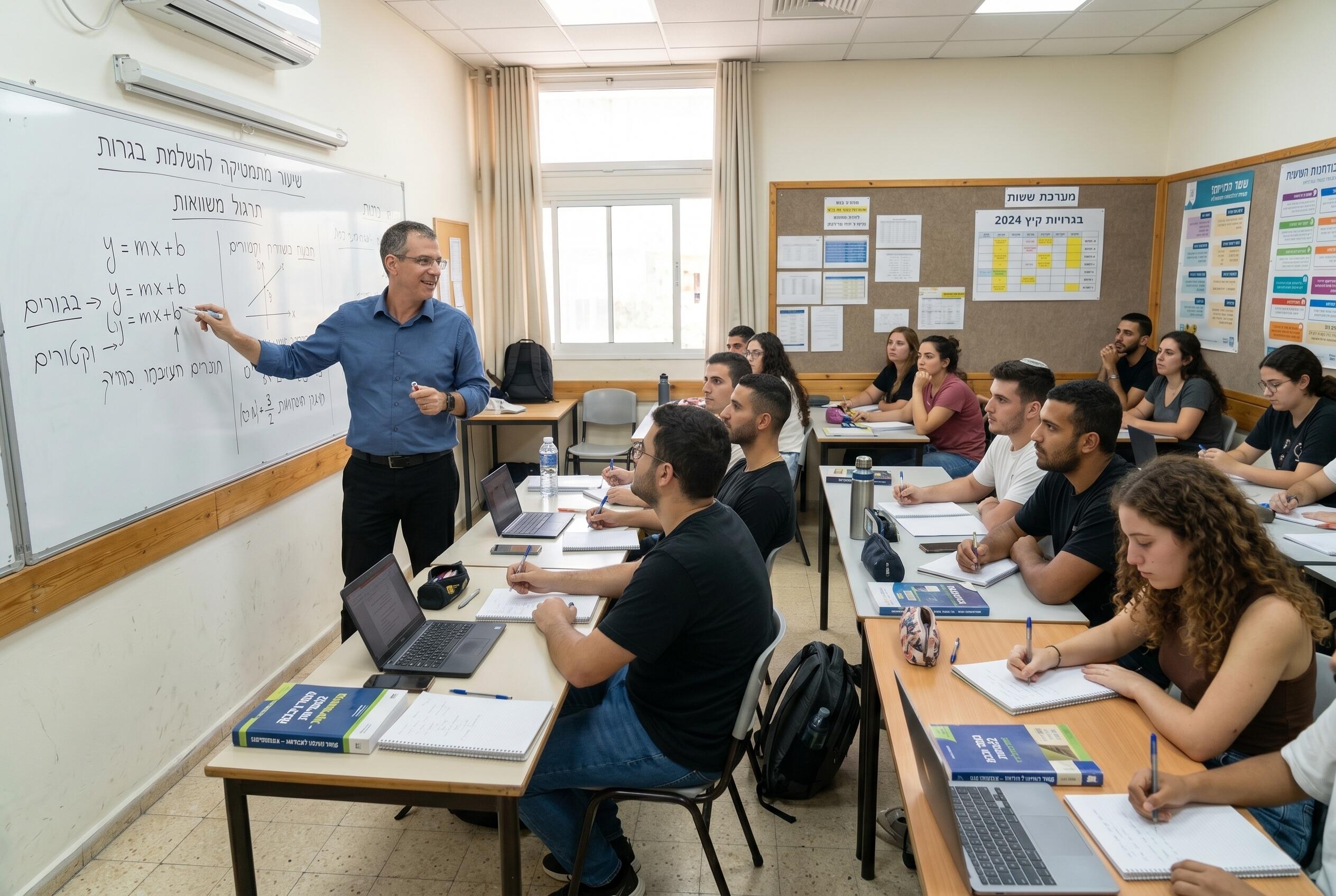המורה מסביר משוואות ליניאריות על לוח לבן לתלמידים קשובים הרושמים הערות בכיתה