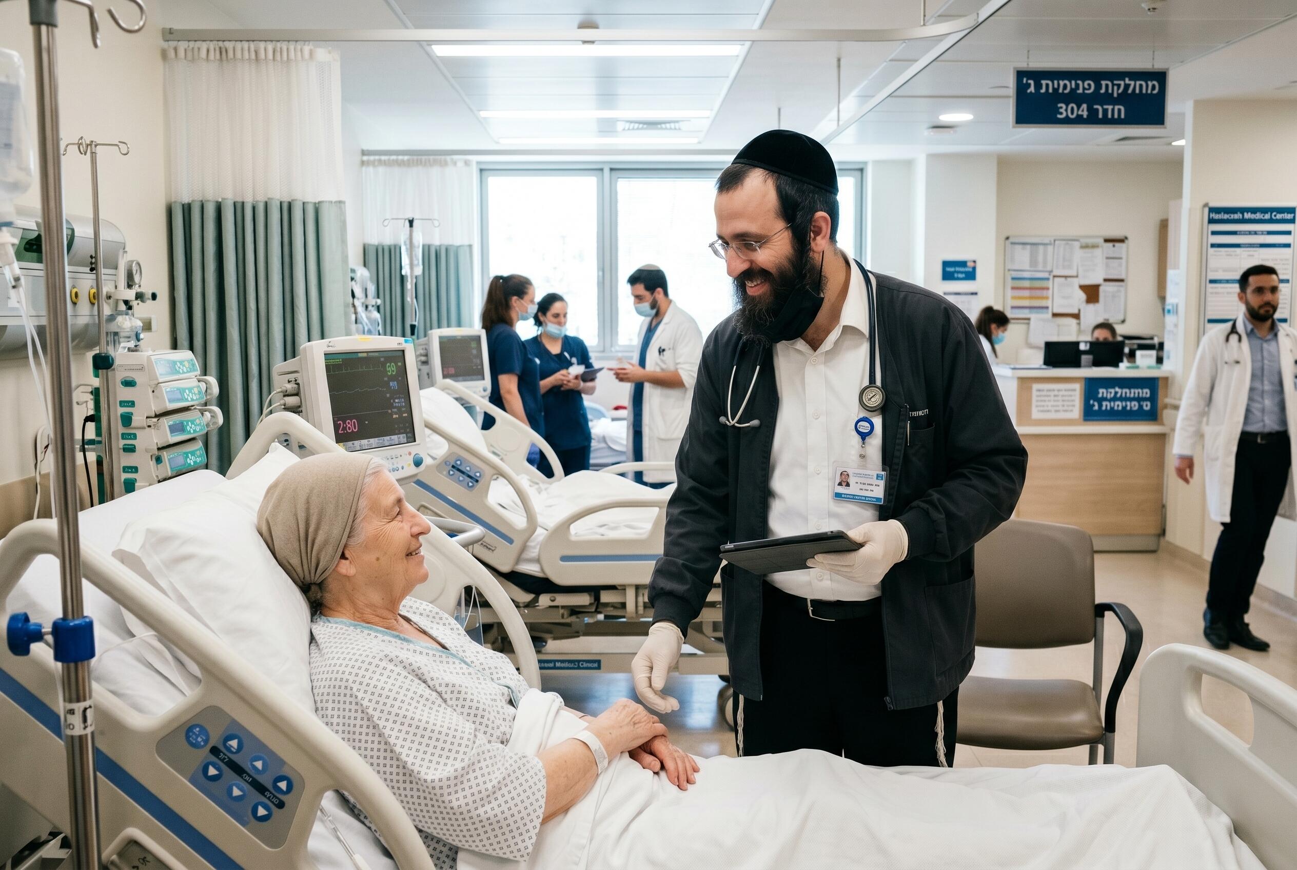 רופא מחזיק את ידו של המטופל תוך כדי סקירת טאבלט ליד מיטת בית החולים במחלקה רפואית עמוסה עם צוות וציוד