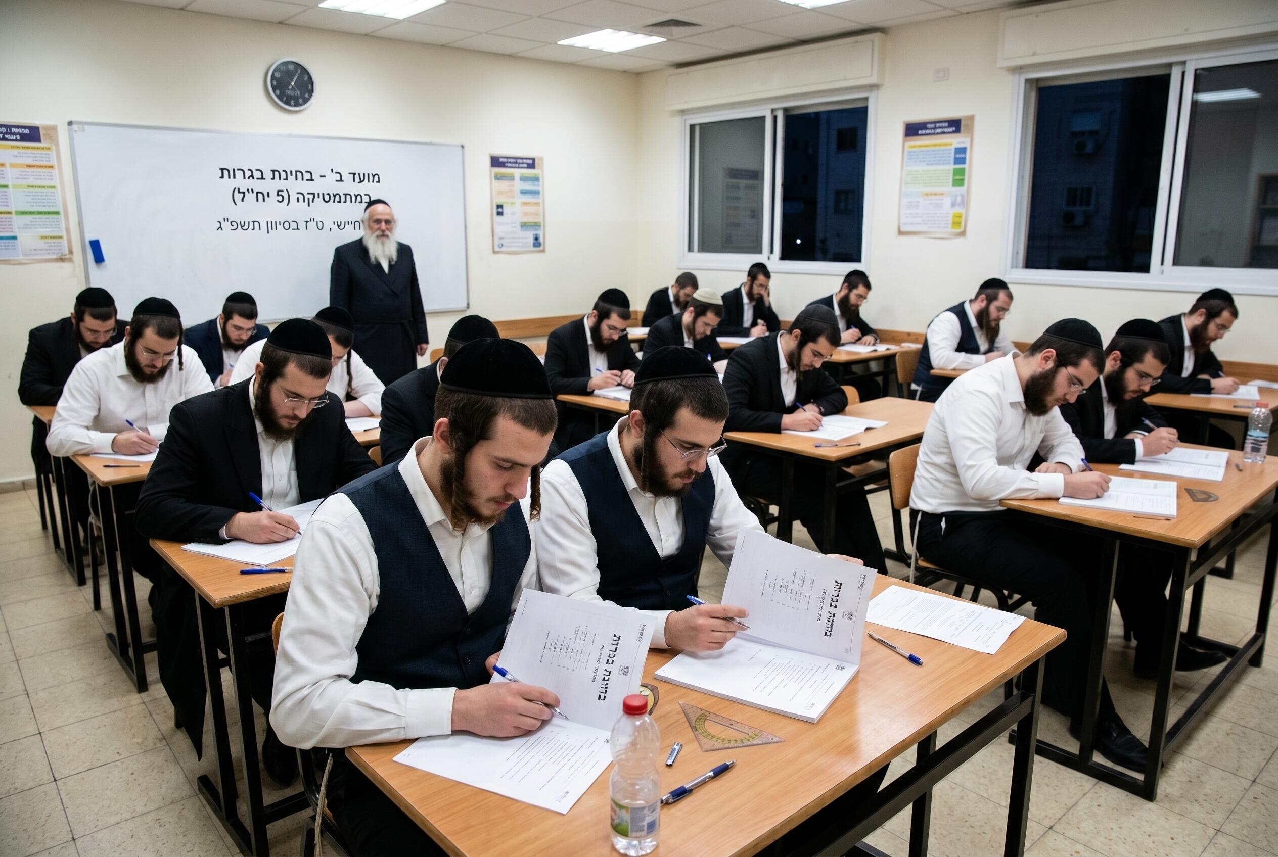 כיתת תלמידים בלבוש רשמי ניגשים לבחינה בכתב עם מורה עומד ליד הלוח