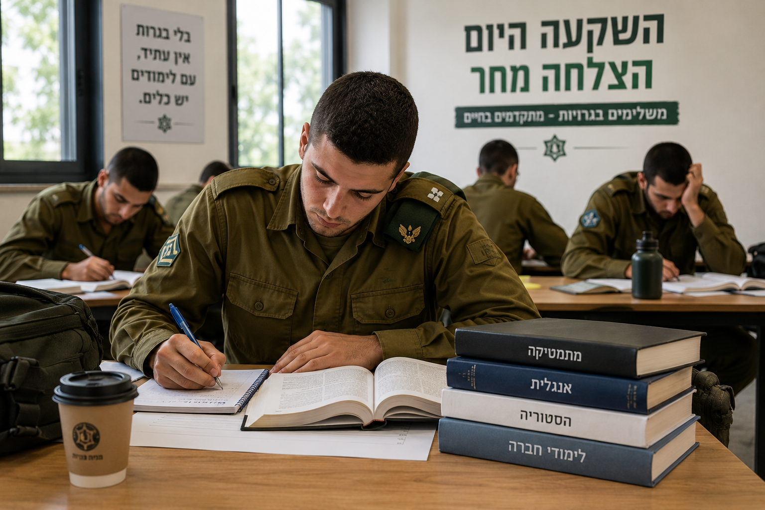 חיילים ישראלים במדים לומדים בכיתה עם ספרי לימוד ורשימות, מתמקדים בעבודתם בין כרזות מוטיבציוניות בעברית