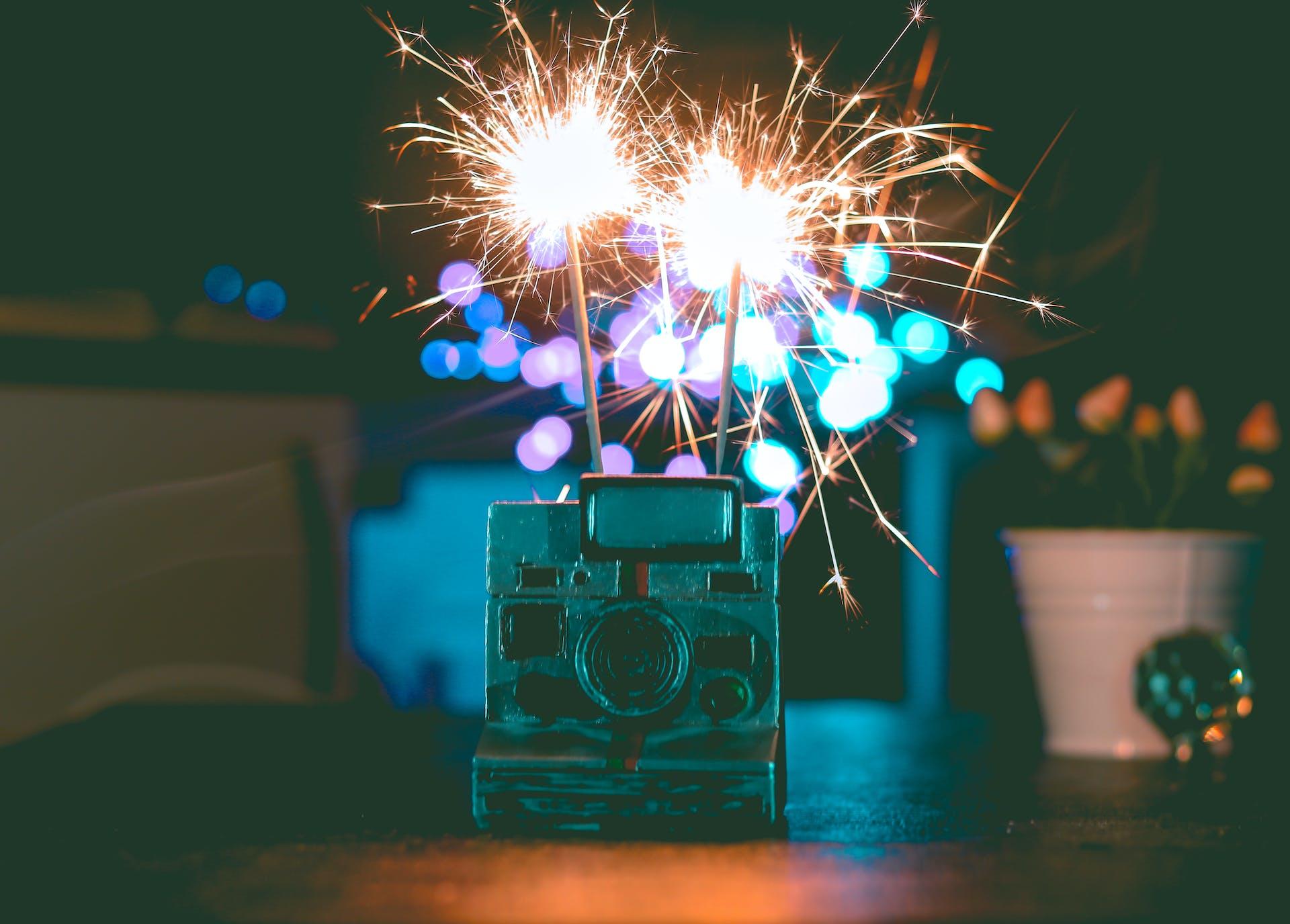 sparklers in a Polaroid camera