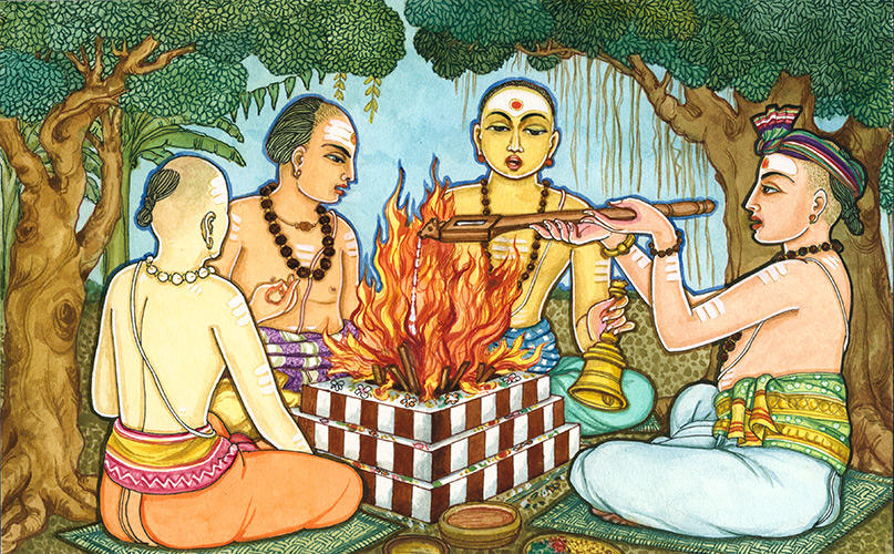 Painting of Brahmins performing Yagyam fire ritual ceremony