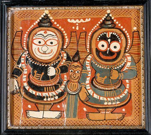 Balarāma and Jagannāth holding bows in their left hands, with Subhadrā between them. Oil painting by a painter of Puri, Orissa, ca. 1880/1910. Jagannātha (Hindu deity). Balarāma (Hindu deity). Subhadrā (Hindu mythology). Work ID: wgnwqdnn.