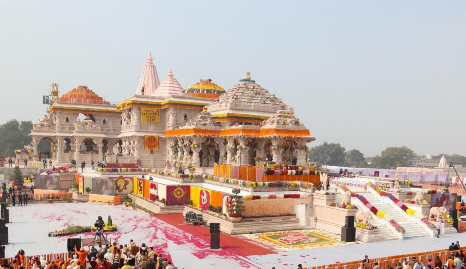 A photo of the Ram Mandir in Ayodhya opened 22 January 2024 on Inauguration day.