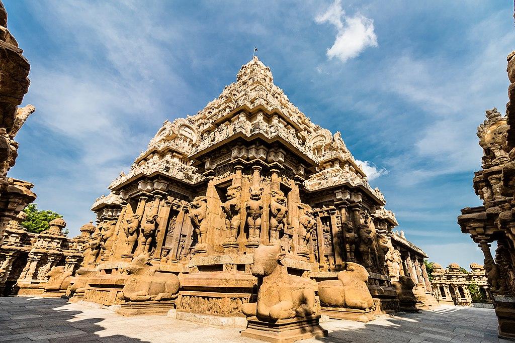 A perspective of Kailasanathar Temple showing the intricate carvings
